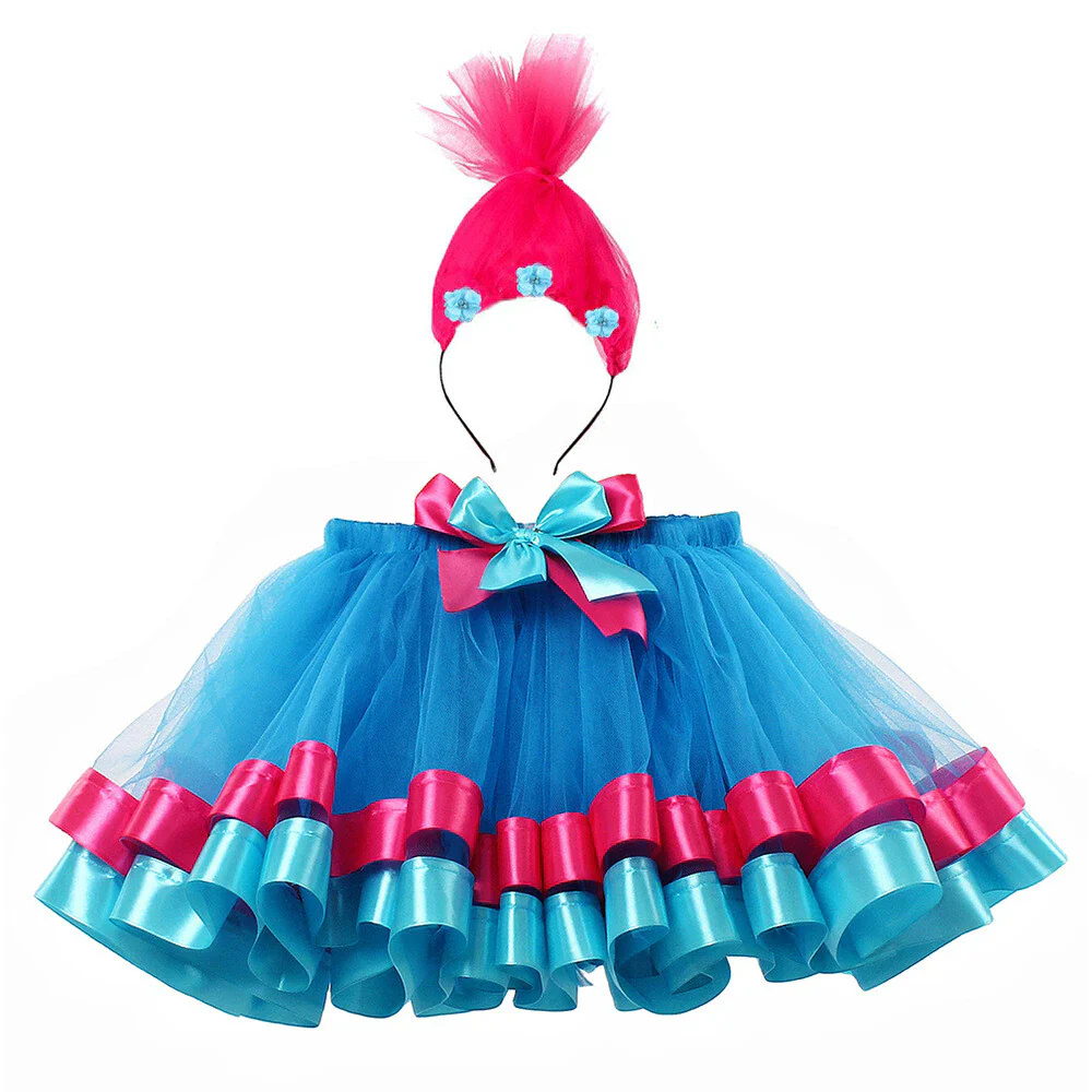 Trolls Princess Poppy Kids Skirt Headband Halloween Cosplay Girls TUTU Skirts