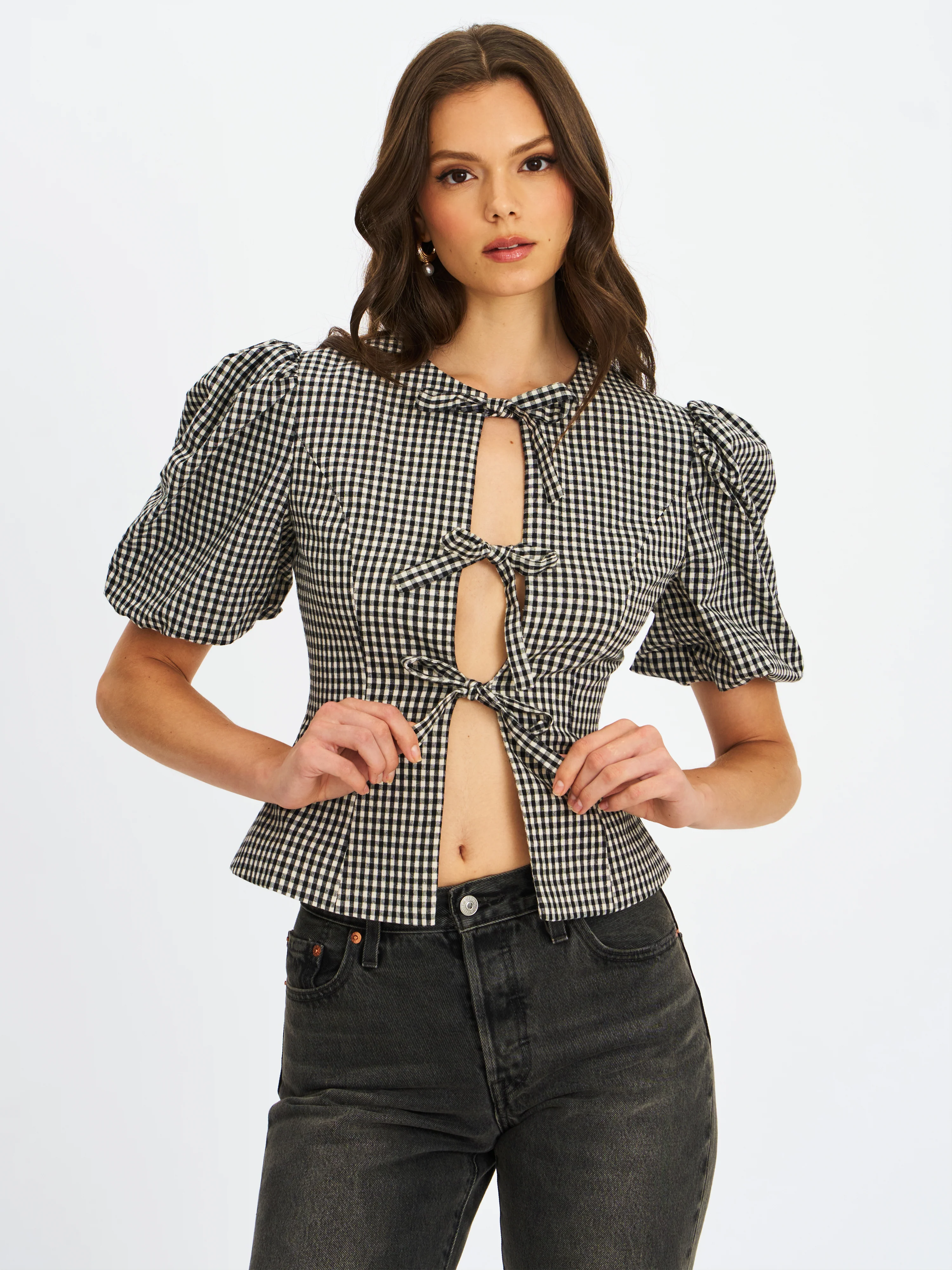 Qusayla Black Gingham Bubble Sleeve Bowtie Top