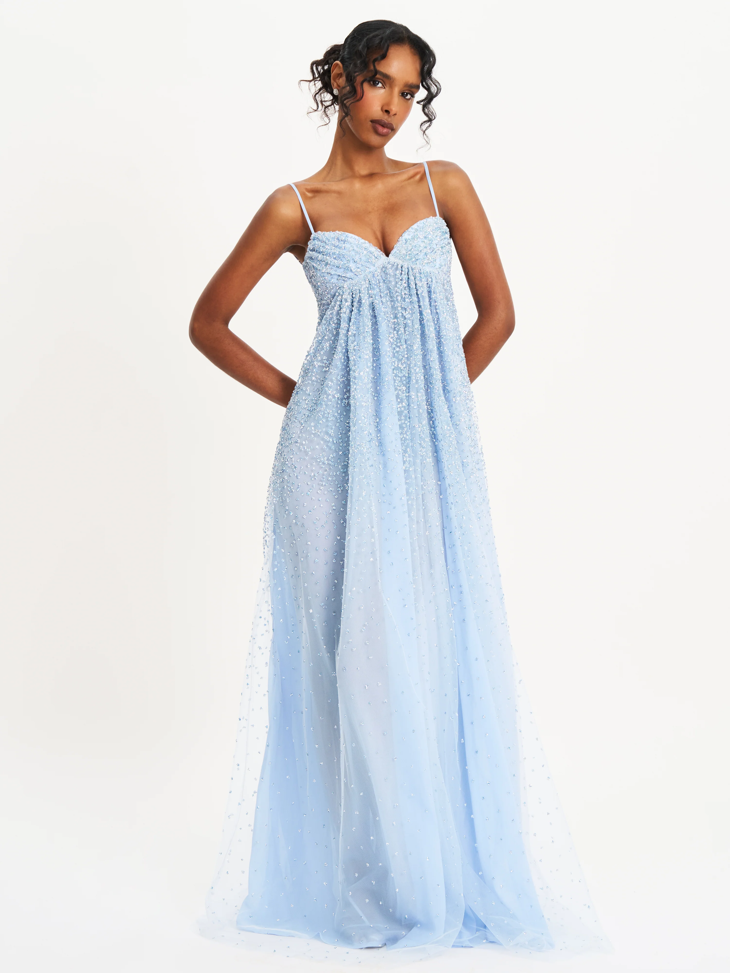 Wallie Baby Blue Rhinestone Embellished Mesh Backless Gown