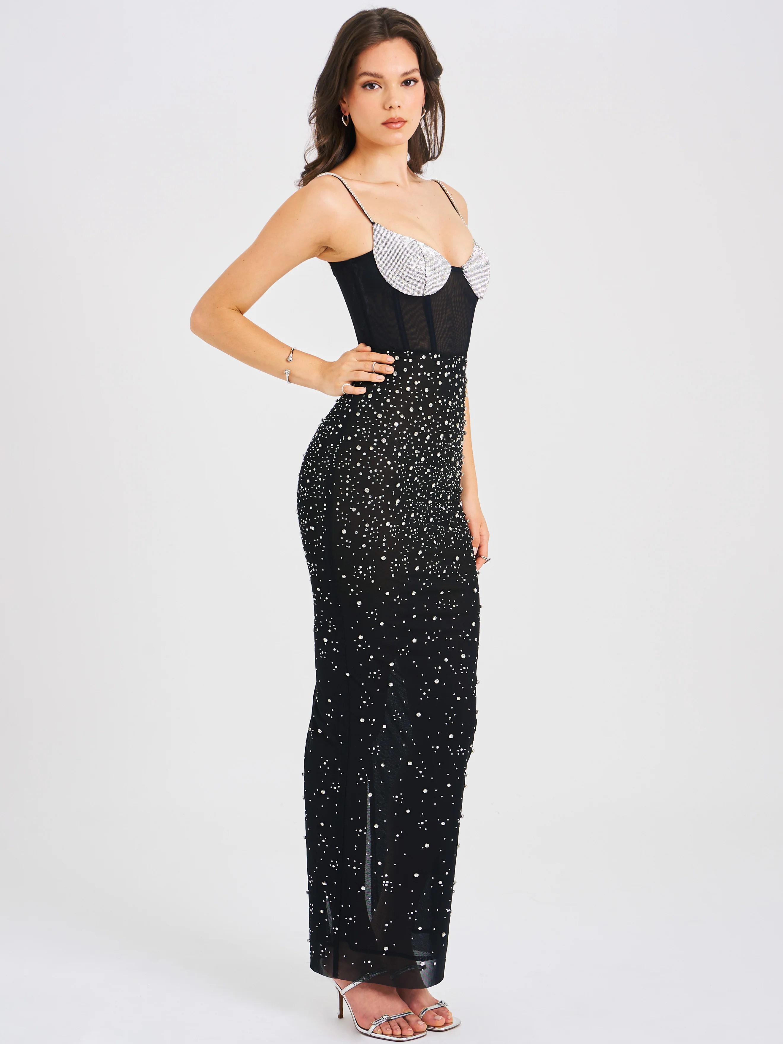Jimena Crystal Embellished Back Slit Maxi Dress