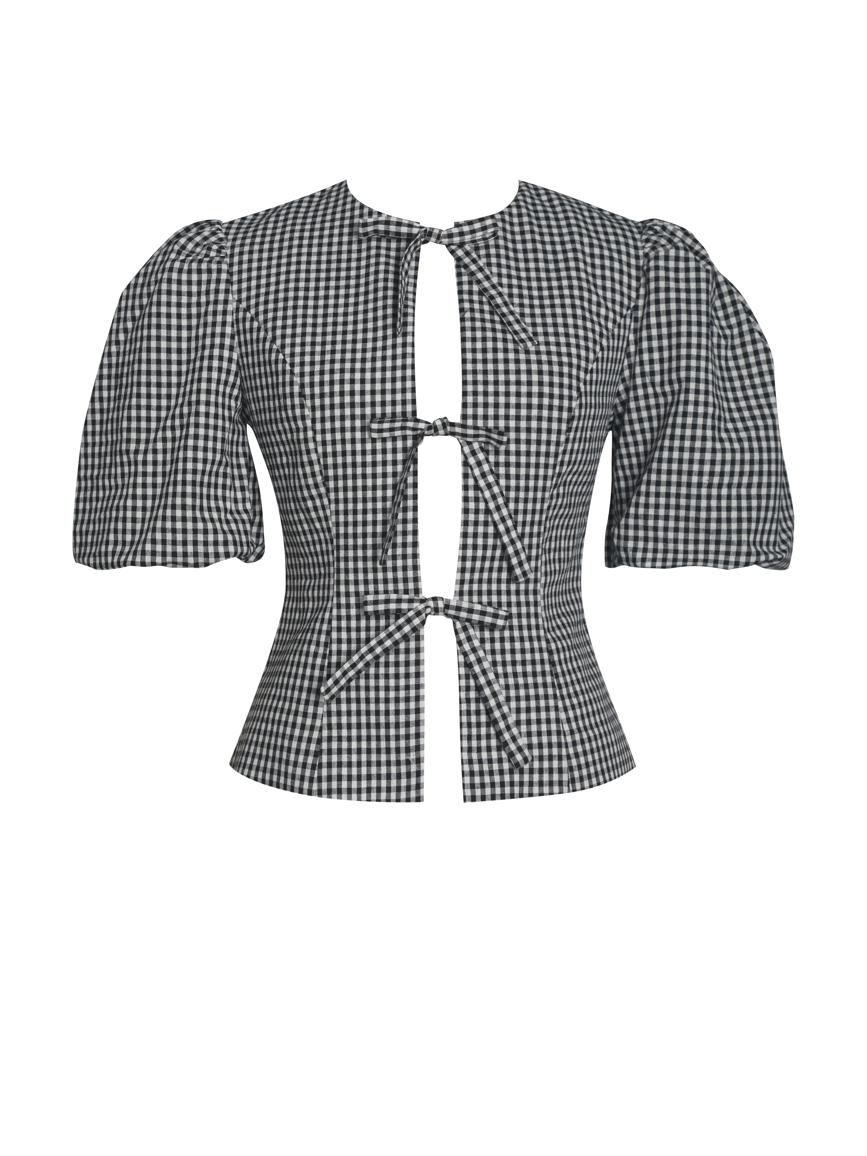 Qusayla Black Gingham Bubble Sleeve Bowtie Top