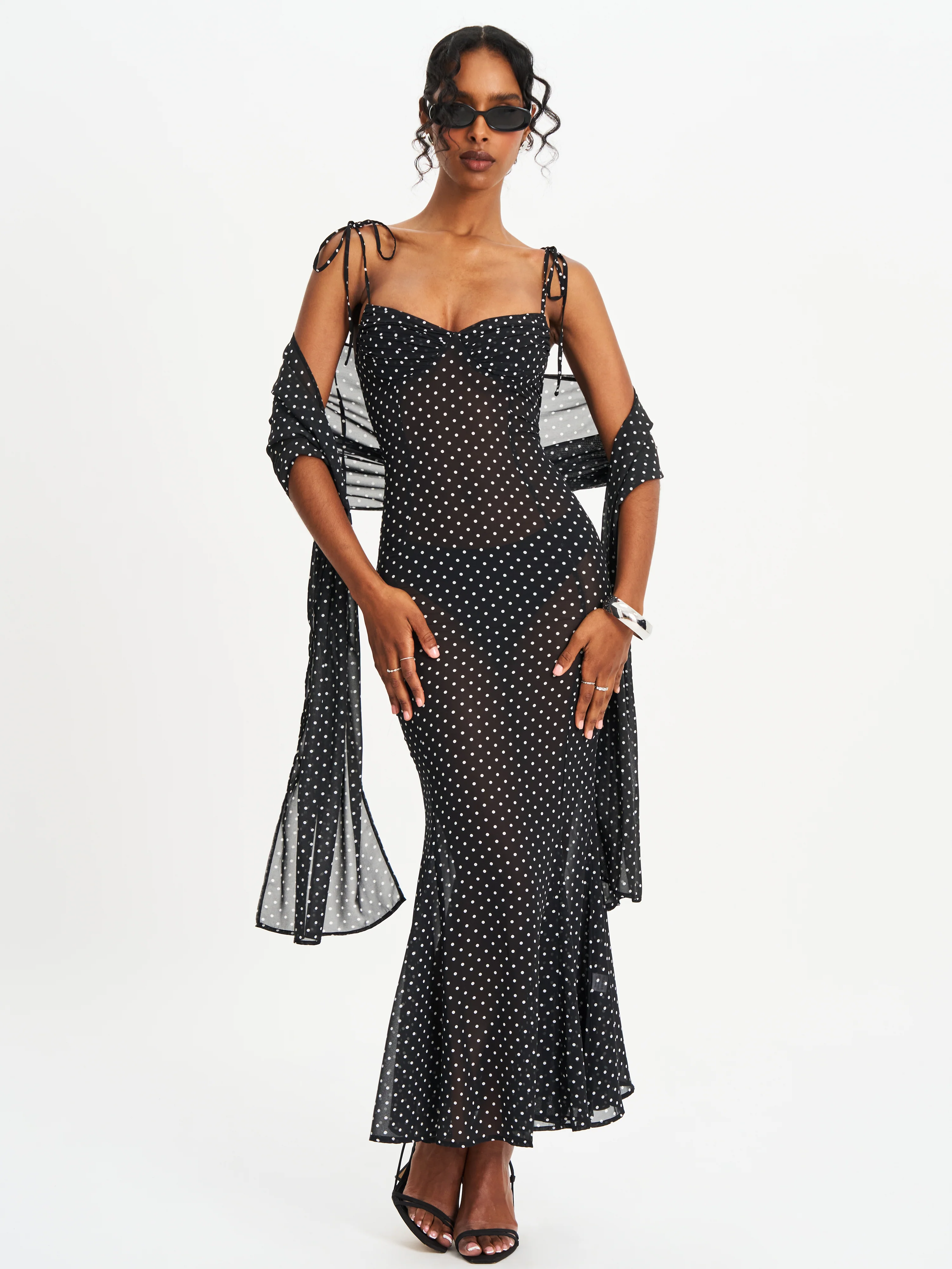 Yadira Black Base Polka Dot Chiffon Maxi Dress