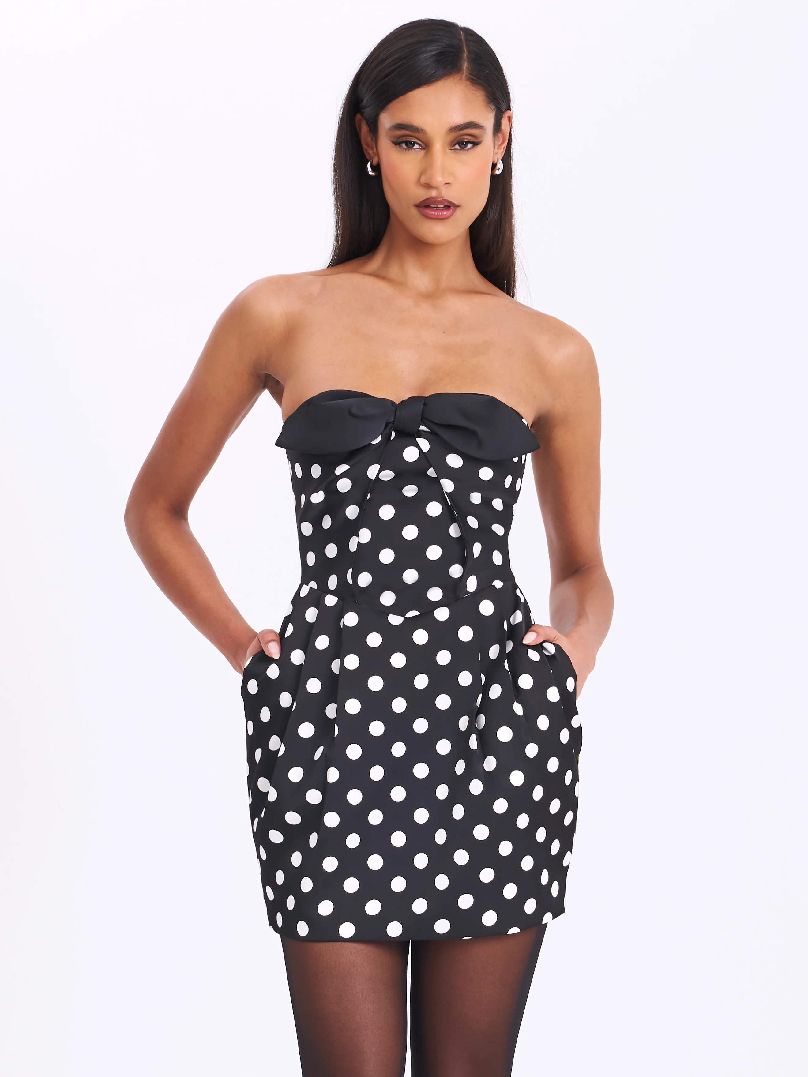 Tahira Black Polka Strapless Mini Dress with Bow