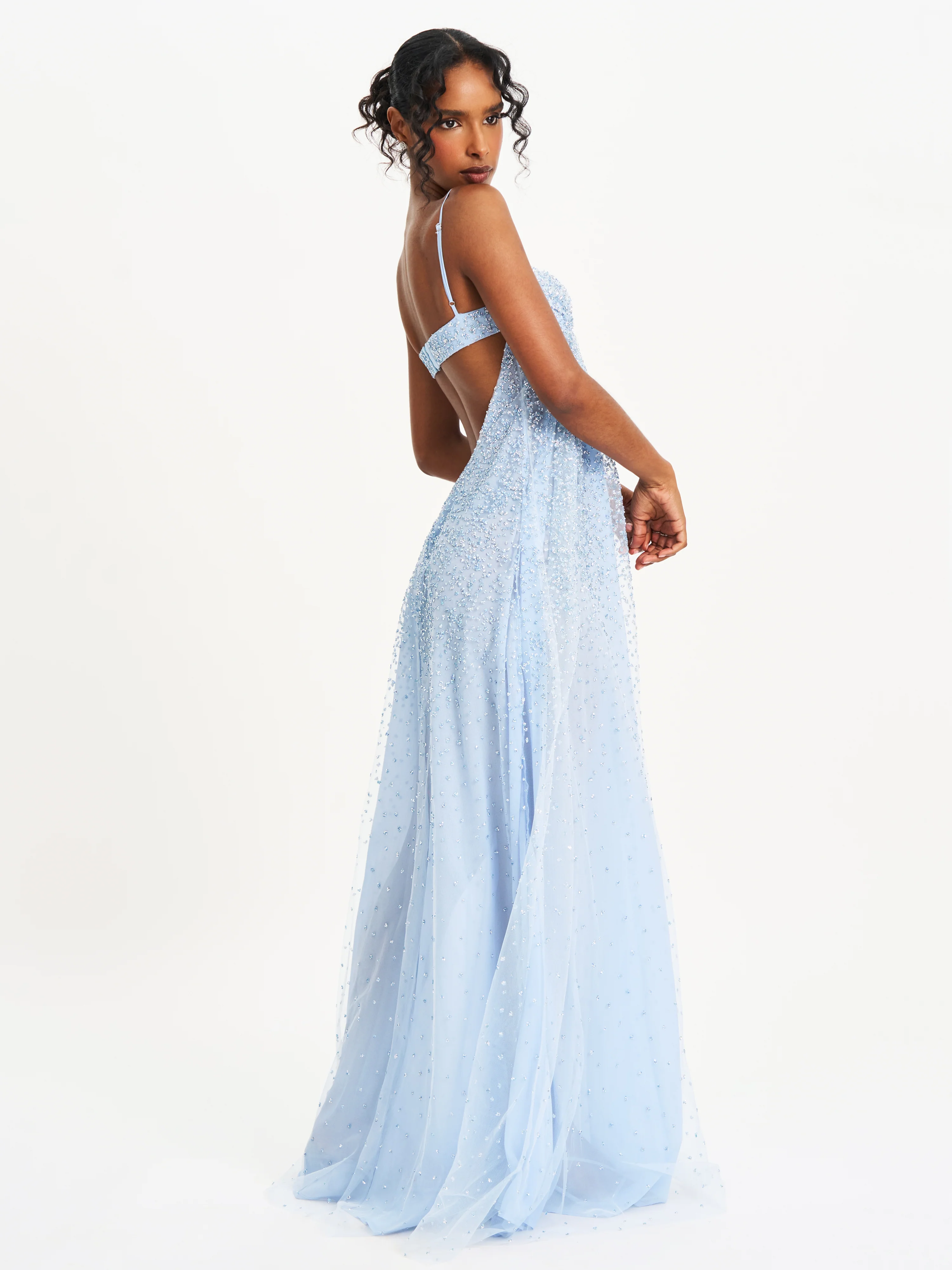 Wallie Baby Blue Rhinestone Embellished Mesh Backless Gown
