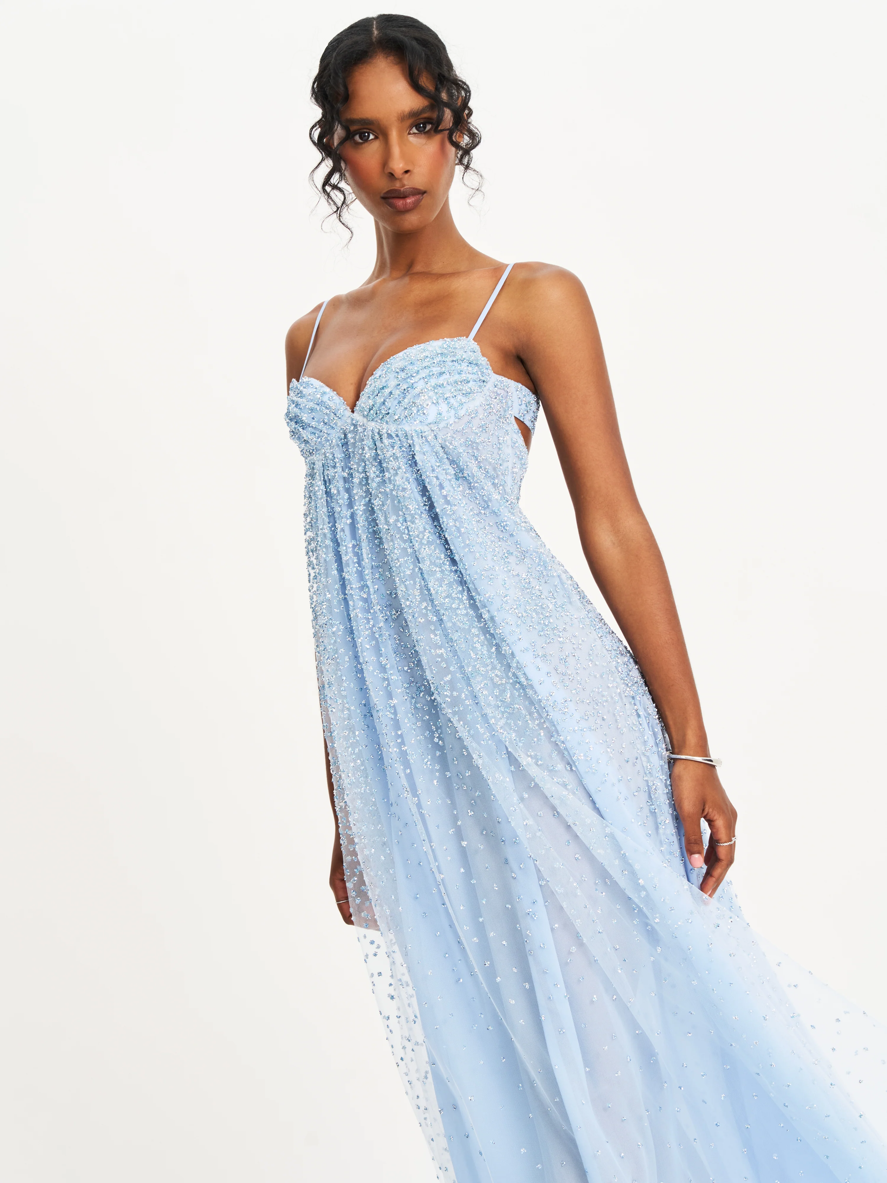 Wallie Baby Blue Rhinestone Embellished Mesh Backless Gown