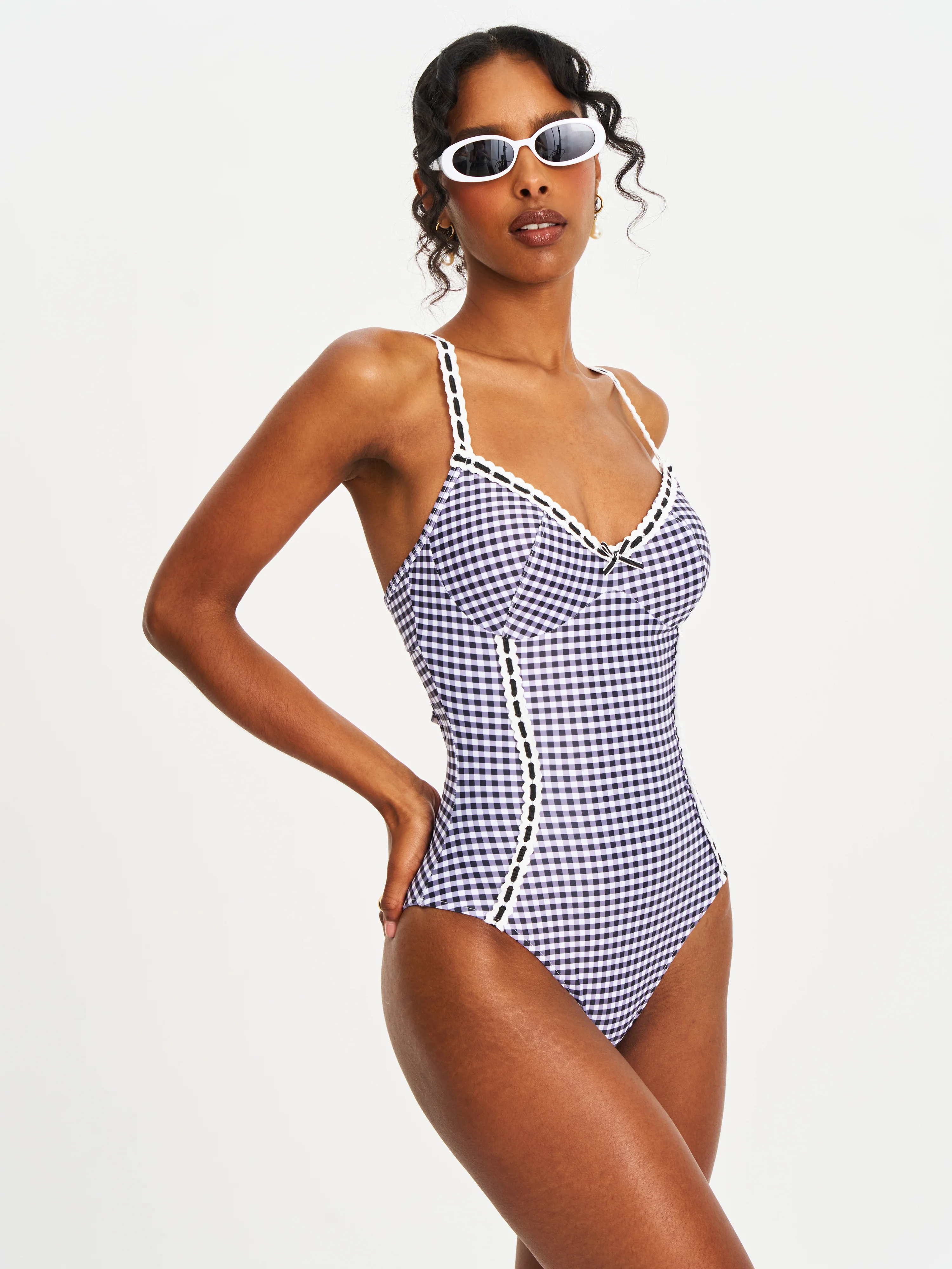 Gigi Black Gingham Lace Strap Backless Swimsuit