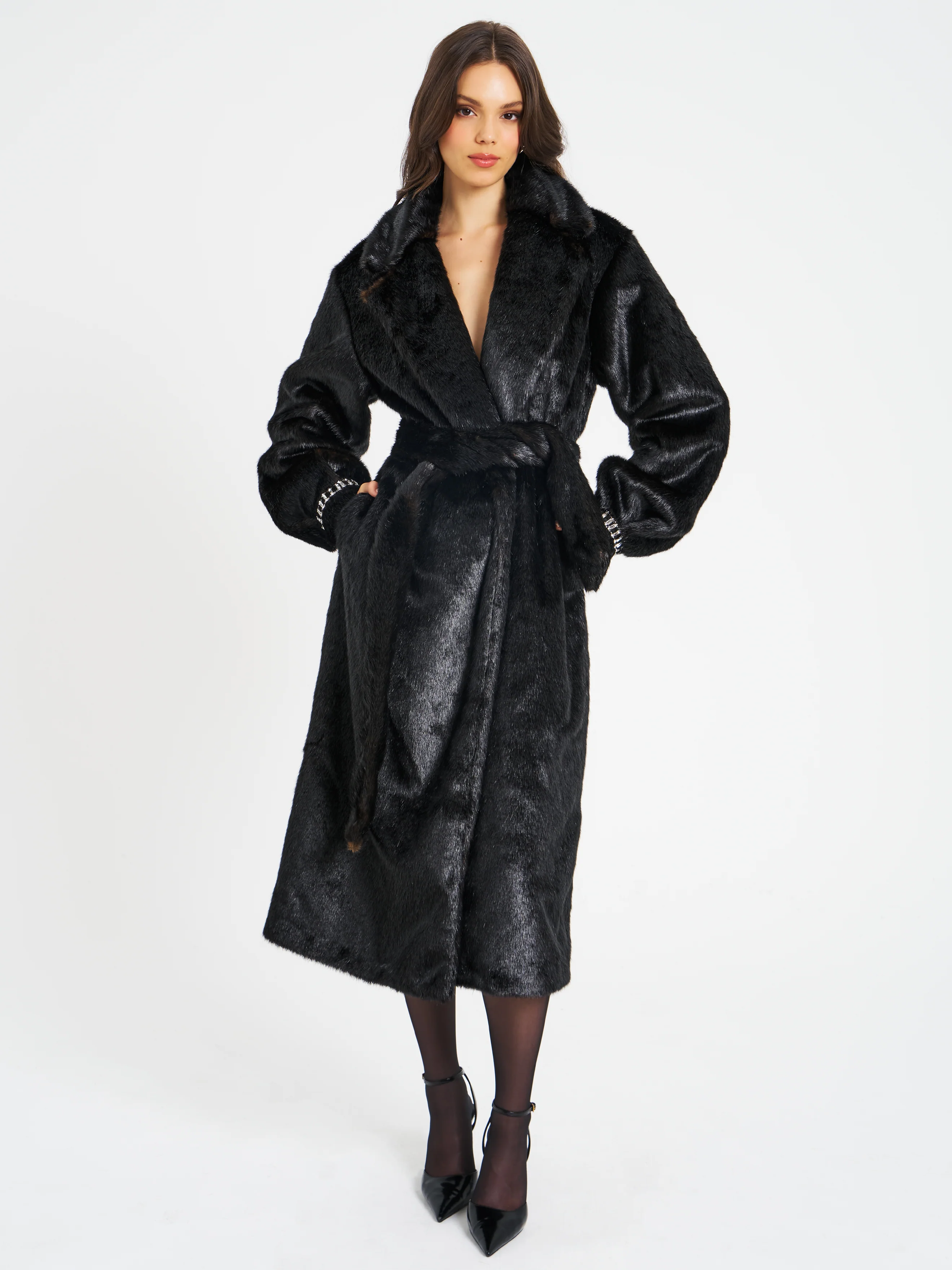 Yahia Black Vegan Long Faux Mink Coat