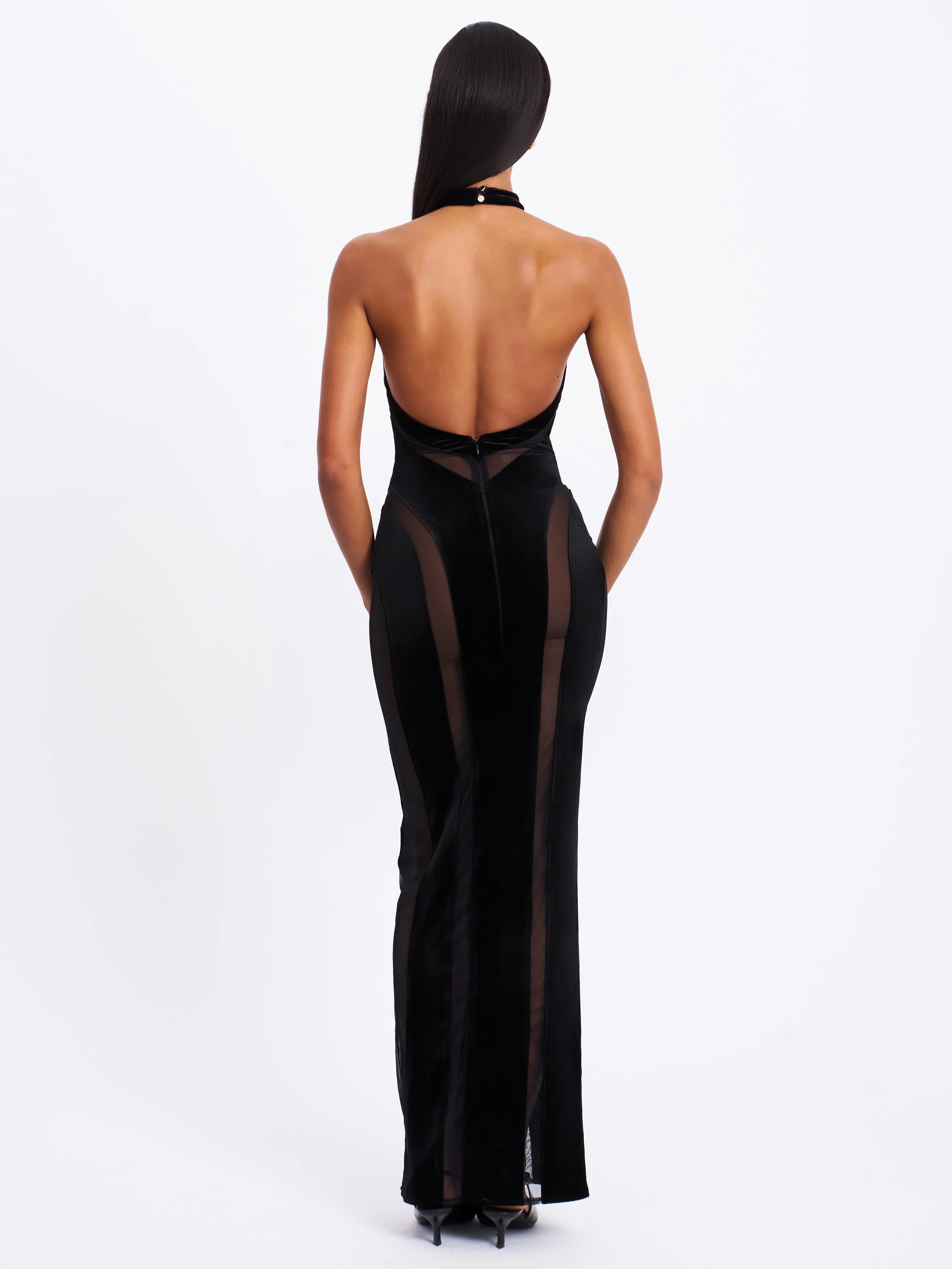 Paityn Black Velvet Mesh Cutout Halter Gown