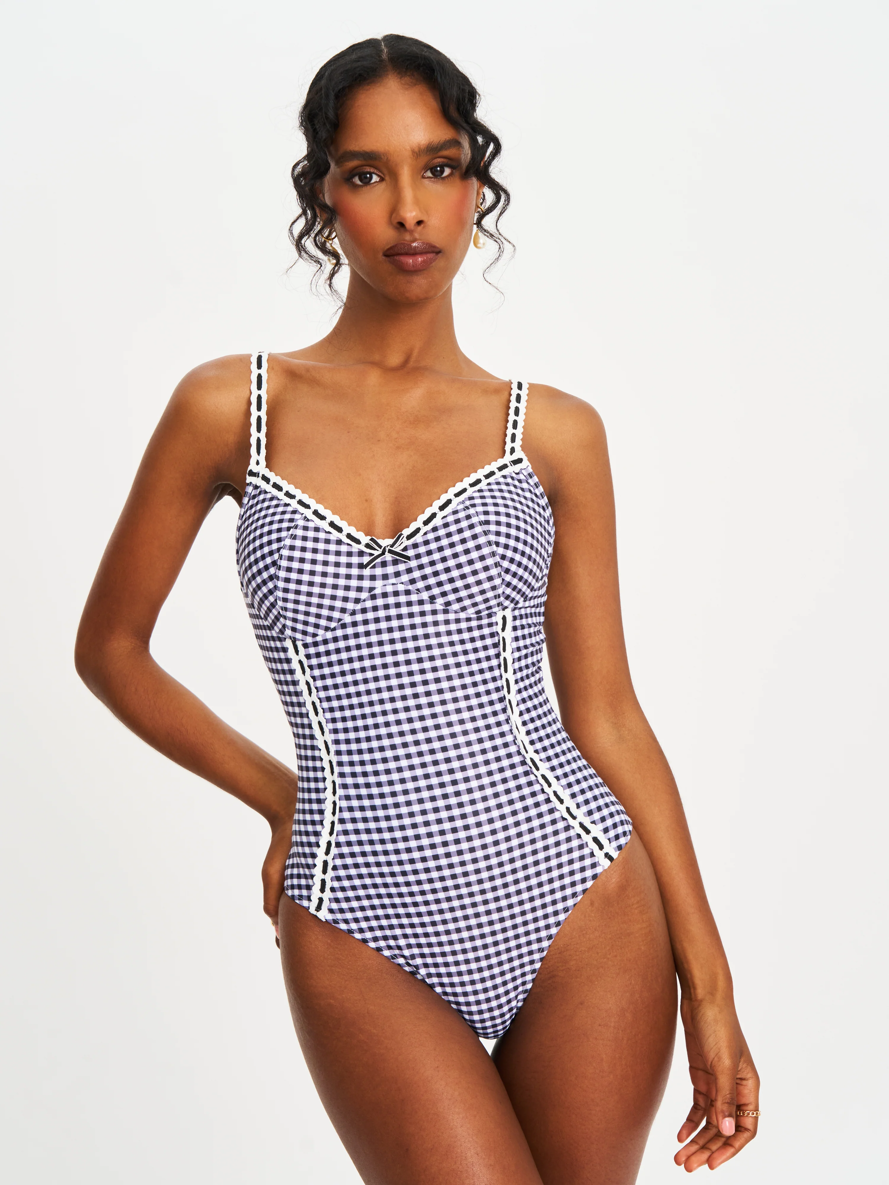 Gigi Black Gingham Lace Strap Backless Swimsuit