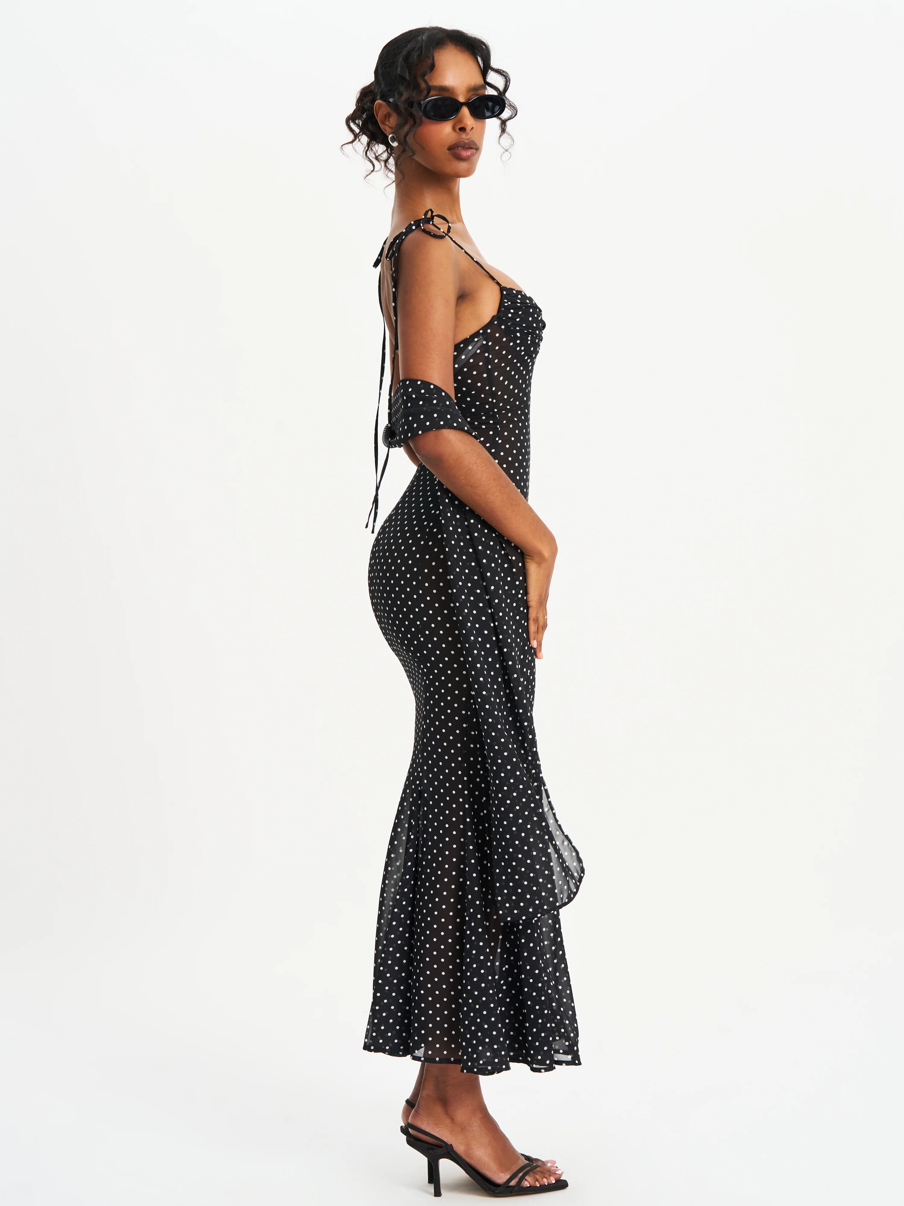 Yadira Black Base Polka Dot Chiffon Maxi Dress