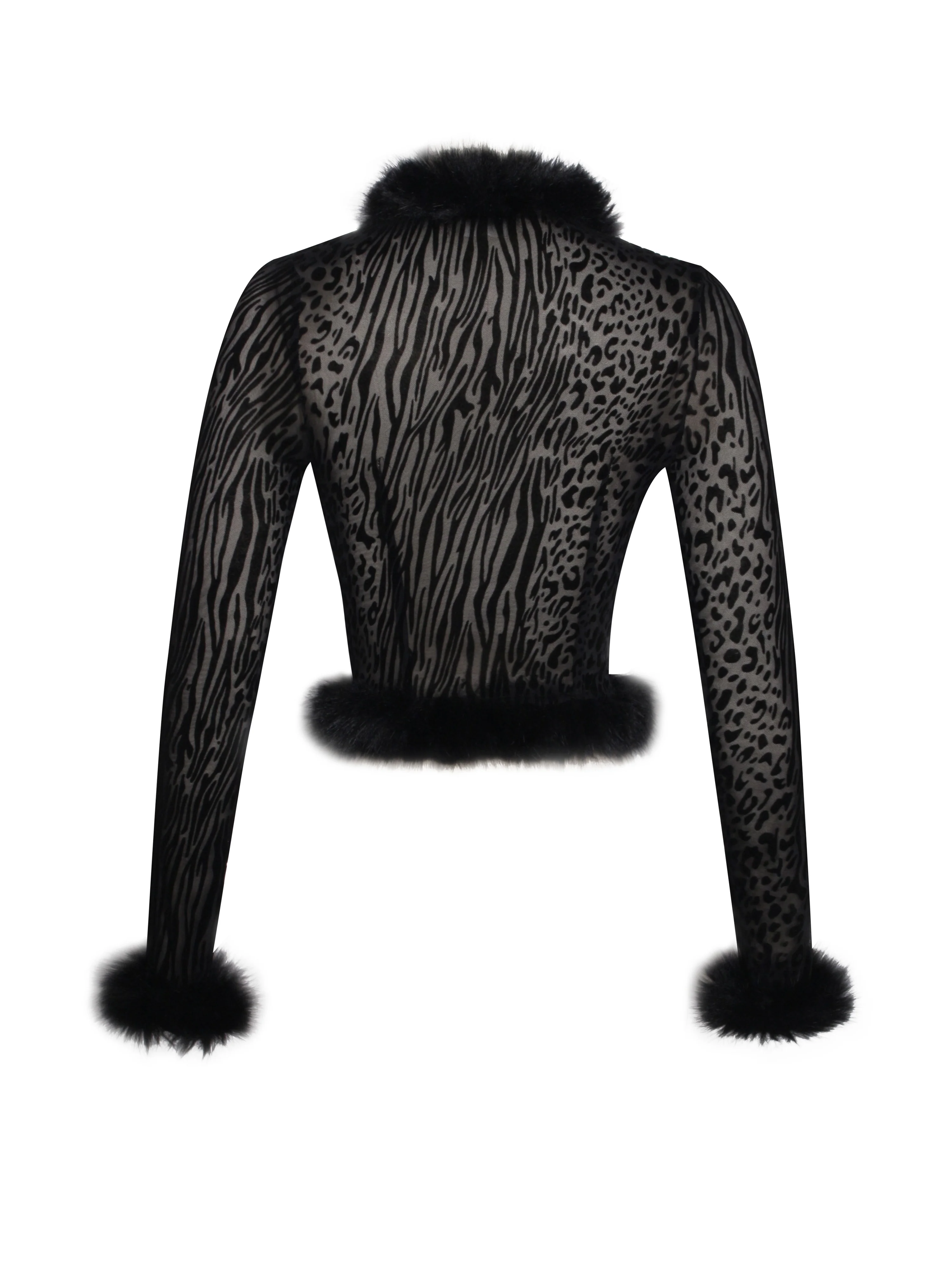 Hali Black Animal Print Burnout Velvet Fur Trim Top