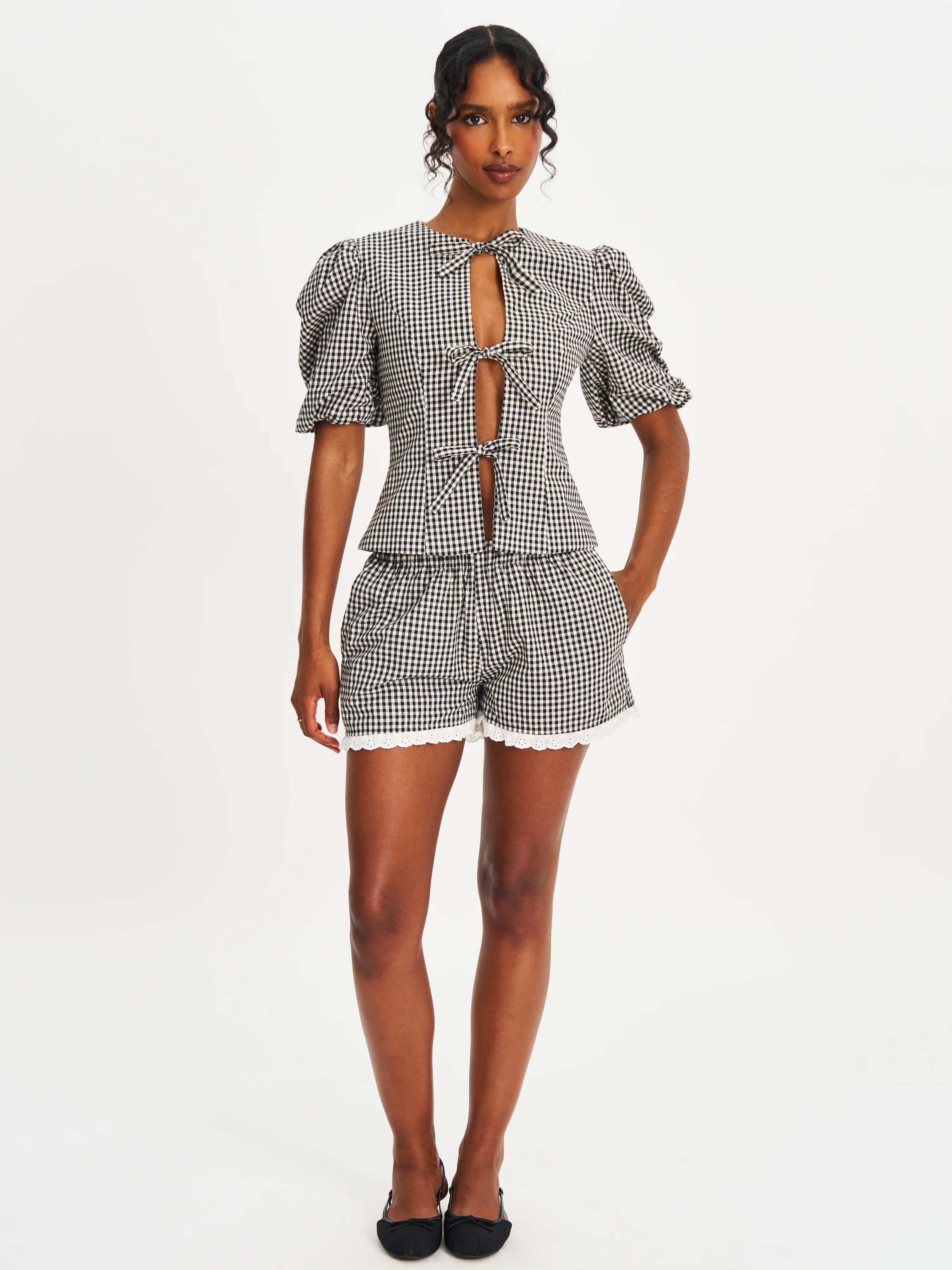 Qutayla Black Gingham Lace Trim Shorts