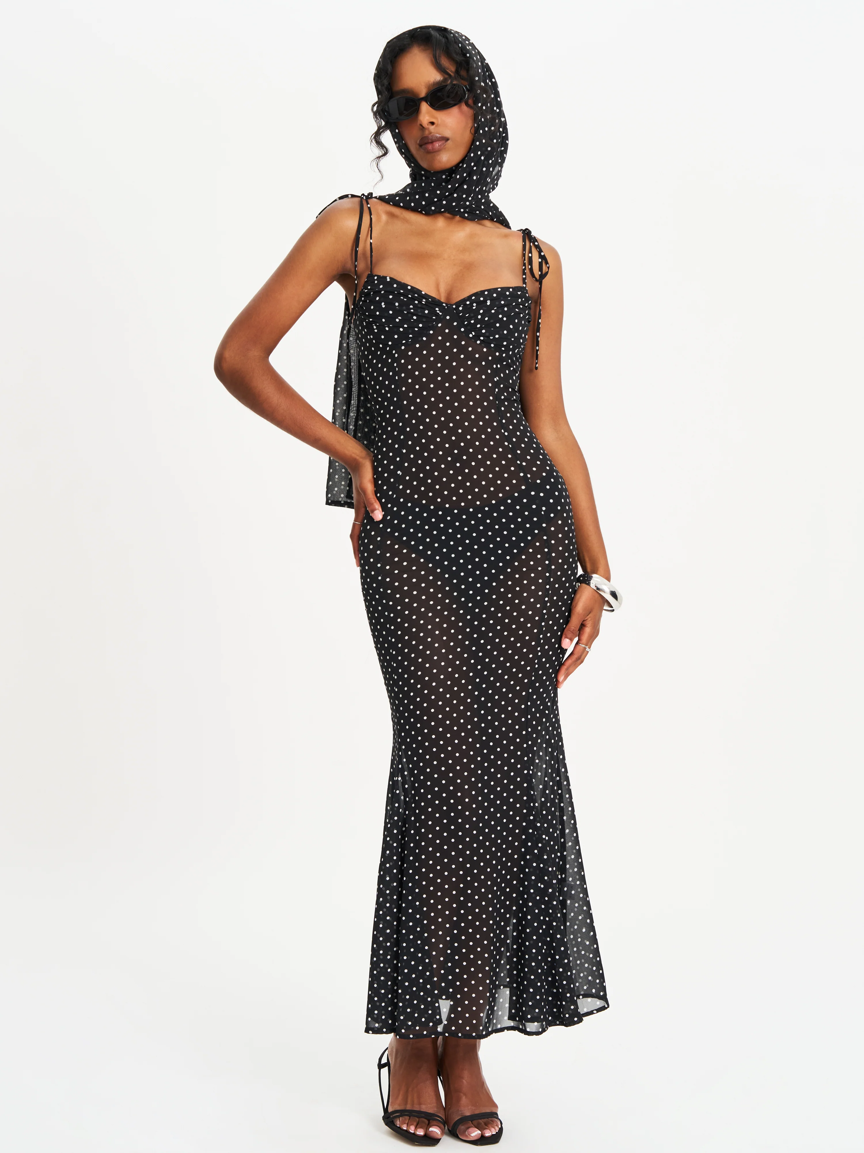 Yadira Black Base Polka Dot Chiffon Maxi Dress