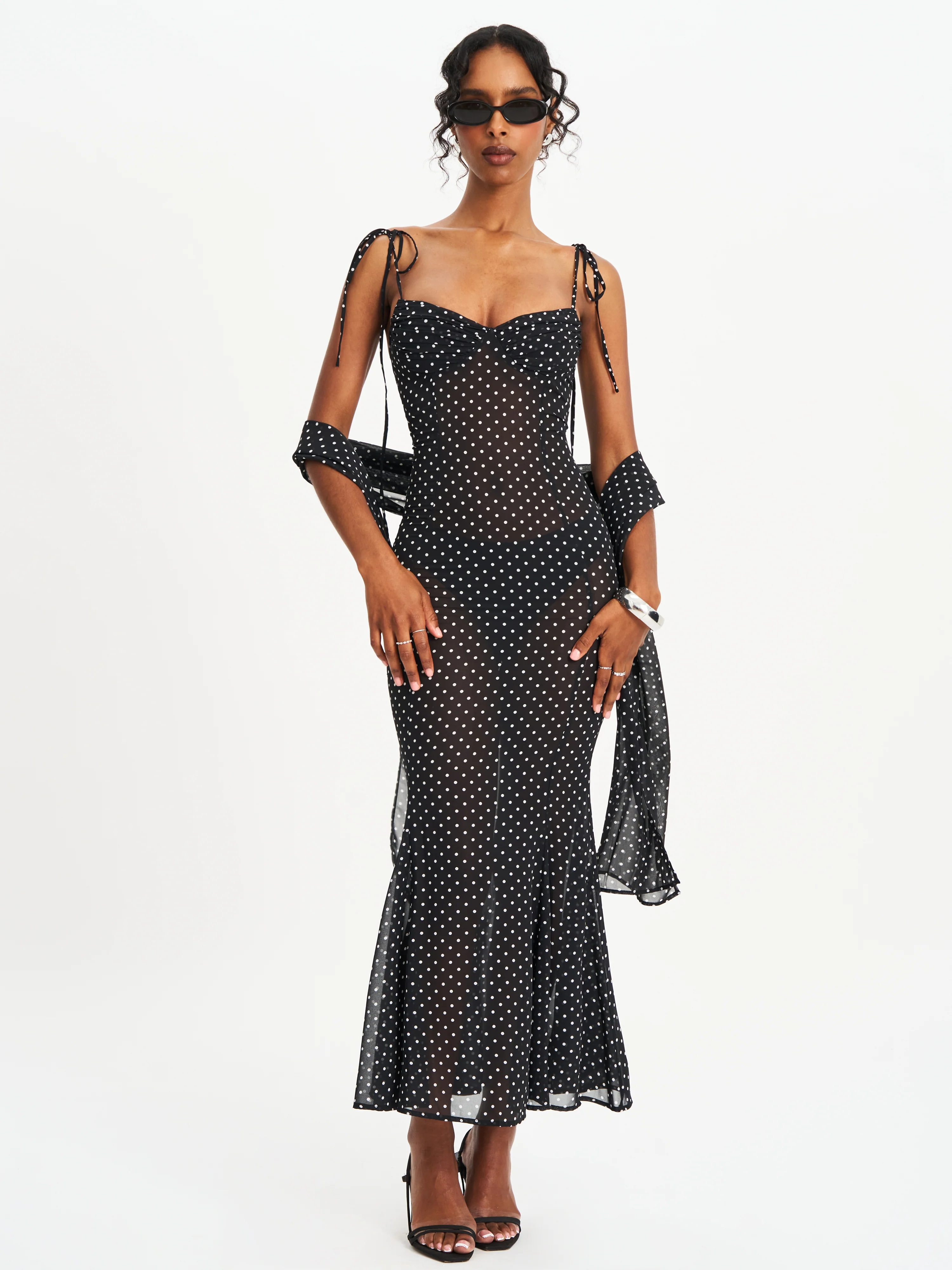 Yadira Black Base Polka Dot Chiffon Maxi Dress