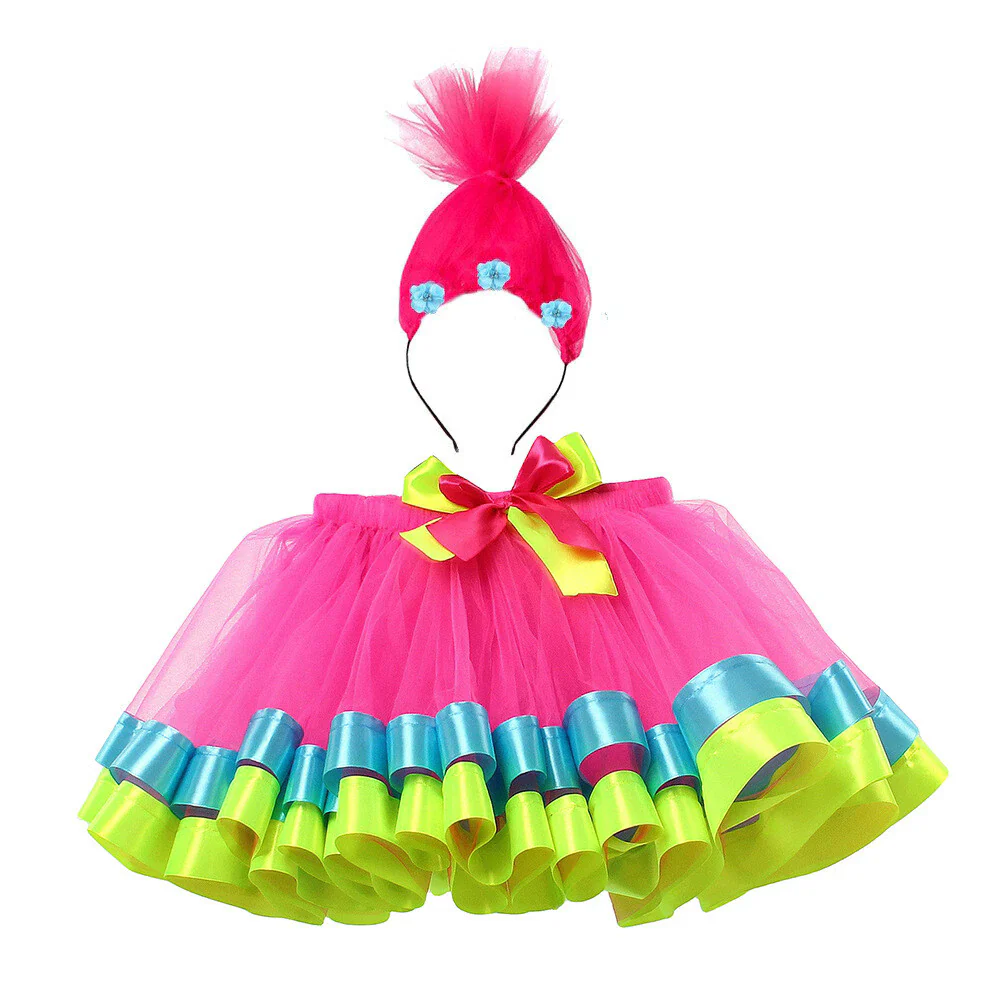 Trolls Princess Poppy Kids Skirt Headband Halloween Cosplay Girls TUTU Skirts