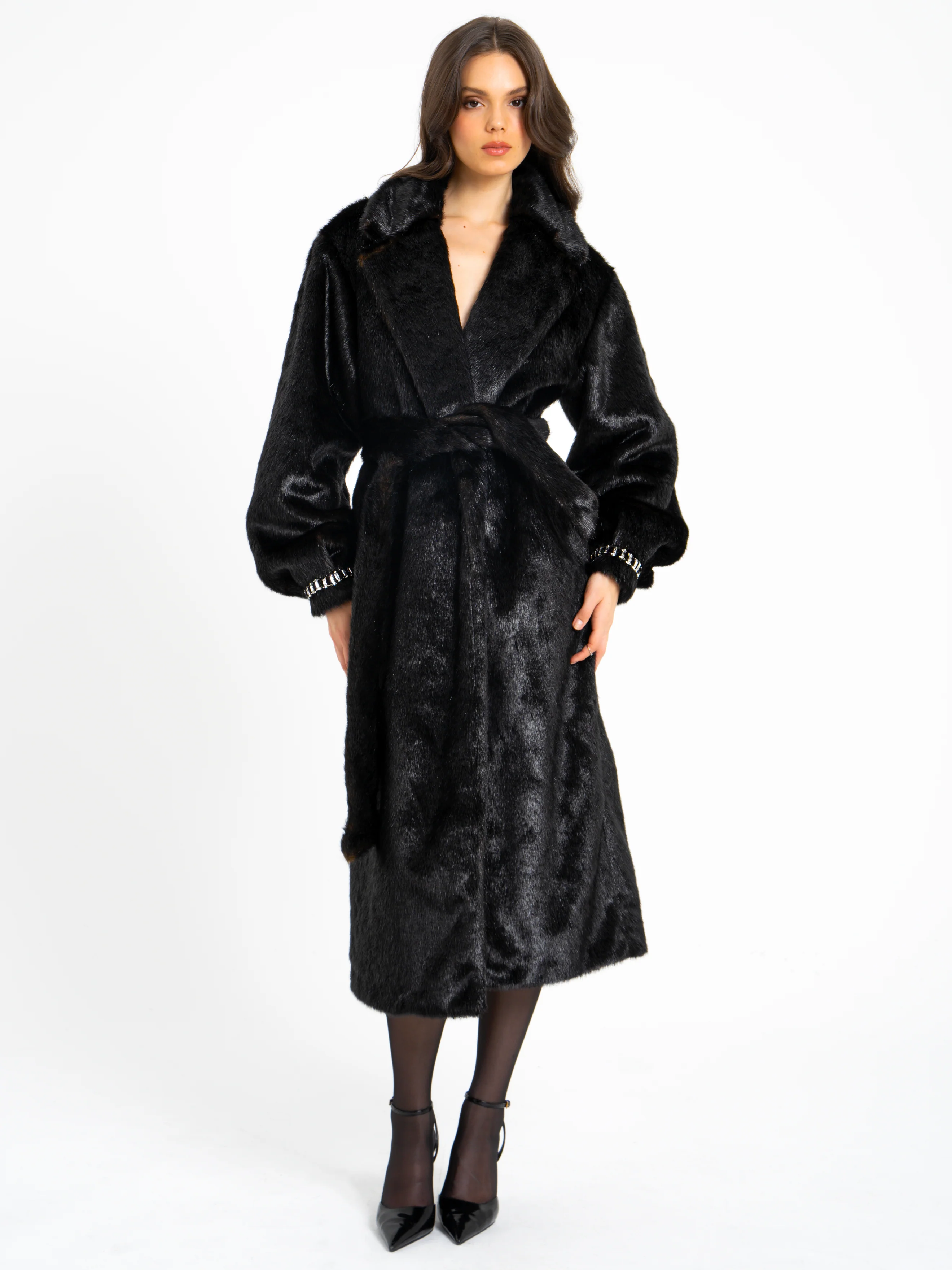 Yahia Black Vegan Long Faux Mink Coat