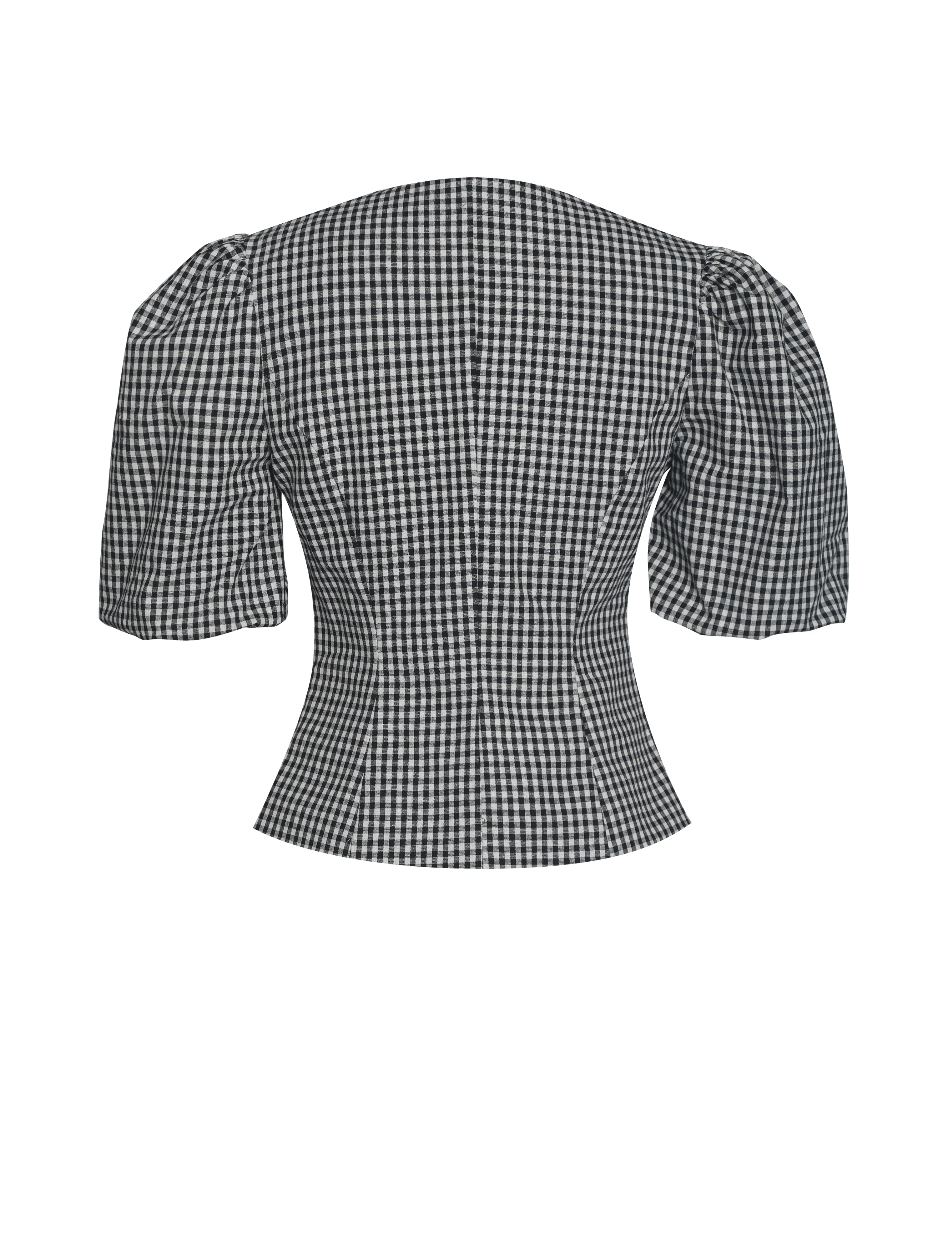 Qusayla Black Gingham Bubble Sleeve Bowtie Top