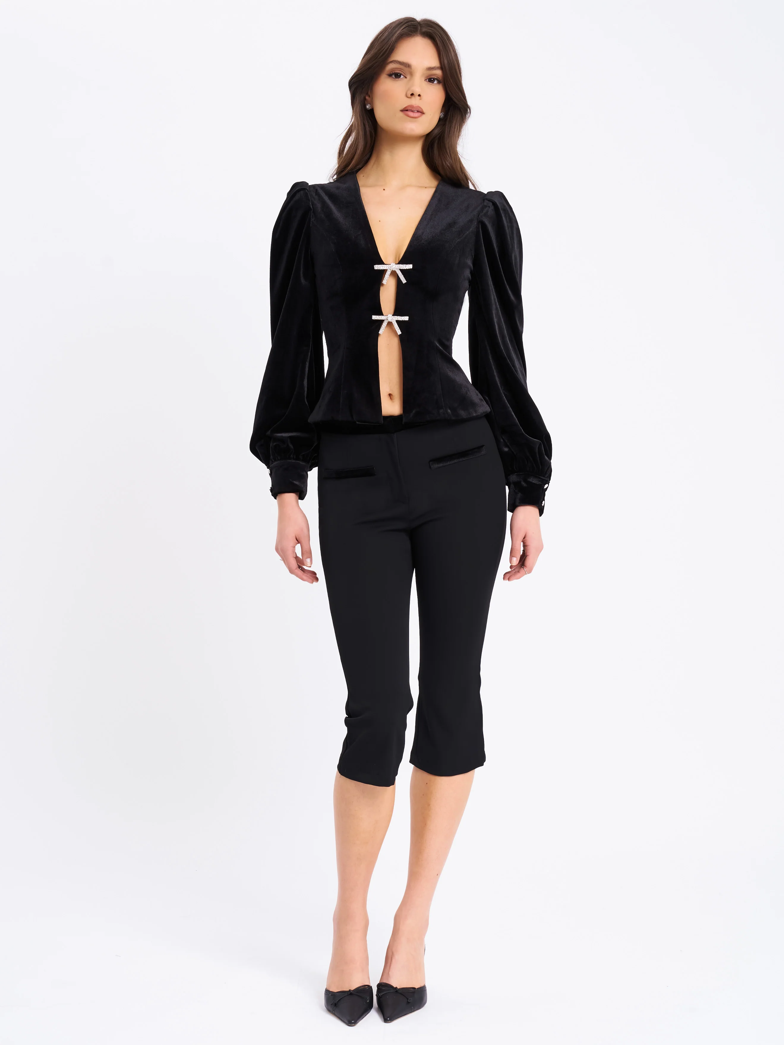 Krista Velvet Lantern Sleeve Top with Crystal Bow