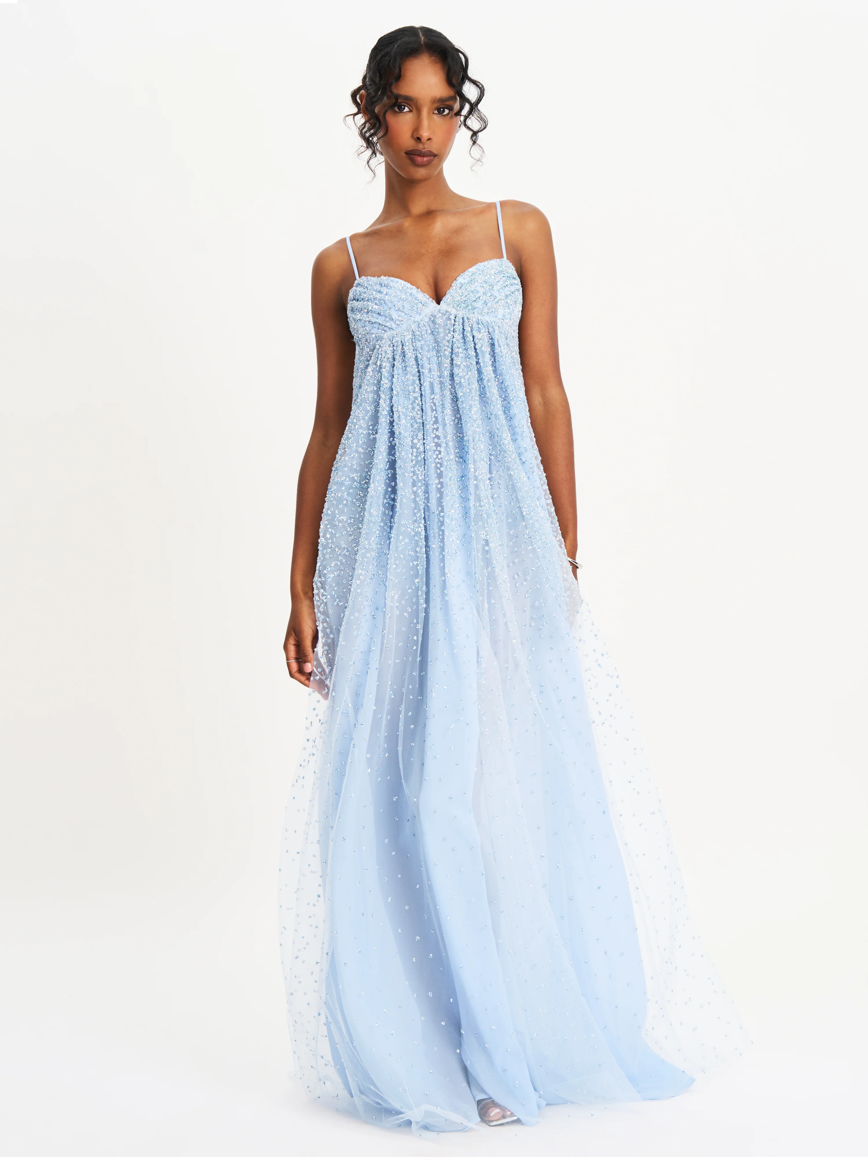Wallie Baby Blue Rhinestone Embellished Mesh Backless Gown