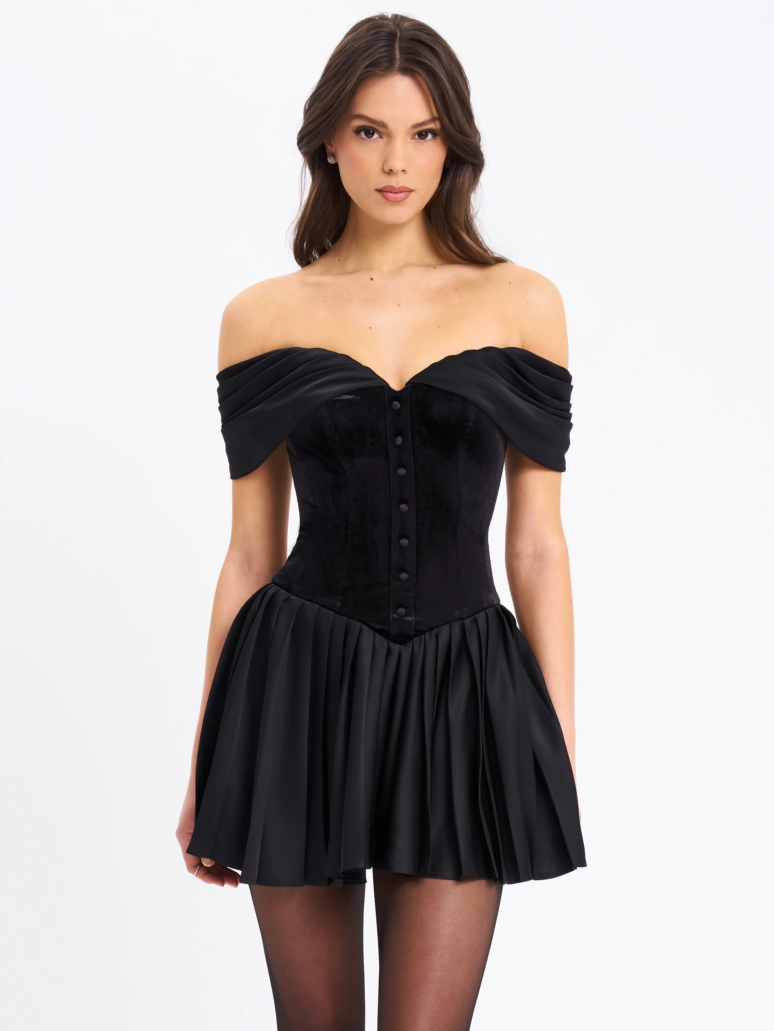 Echo Black Velvet Off-shoulder Pleated Mini Dress