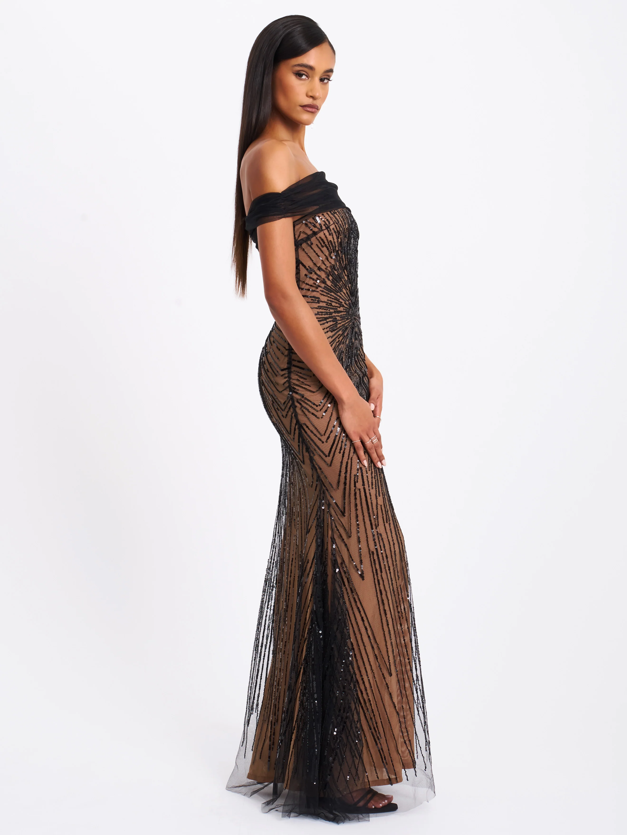 Qeturah Embroidered Sequin Off Shoulder Mesh Gown