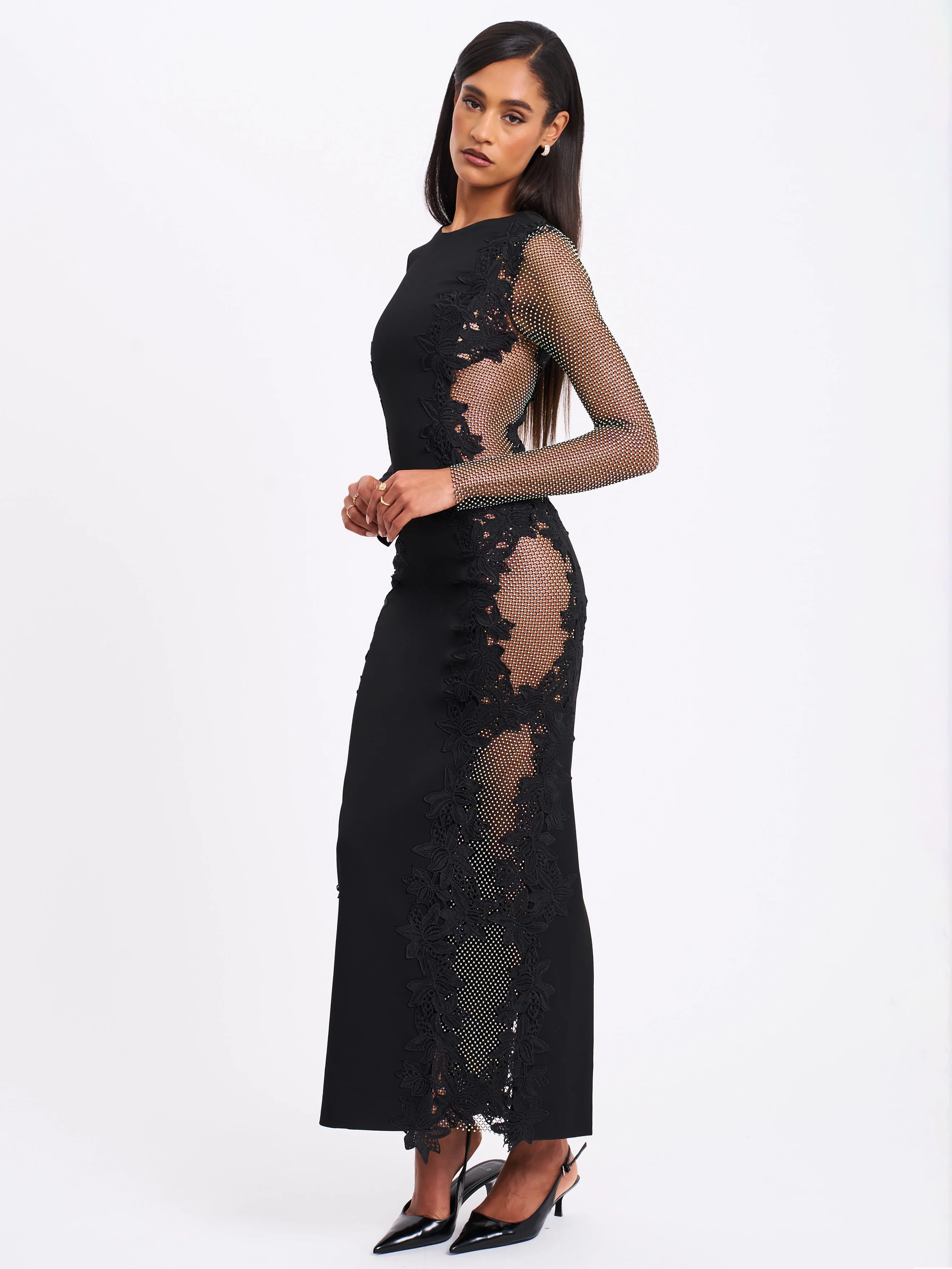 Bailey Lace Trim Crystal Net Cutout Long Sleeve Gown