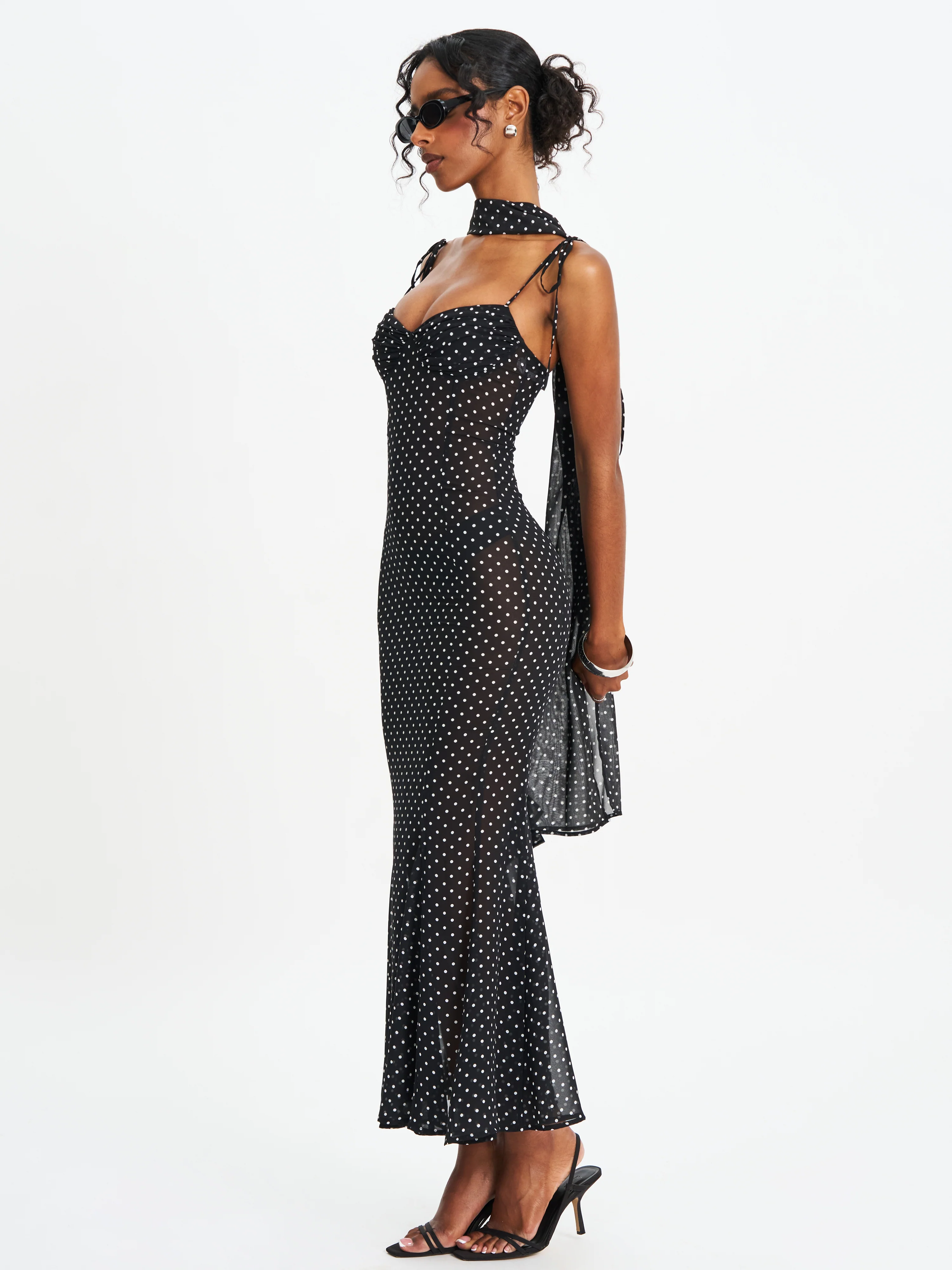Yadira Black Base Polka Dot Chiffon Maxi Dress