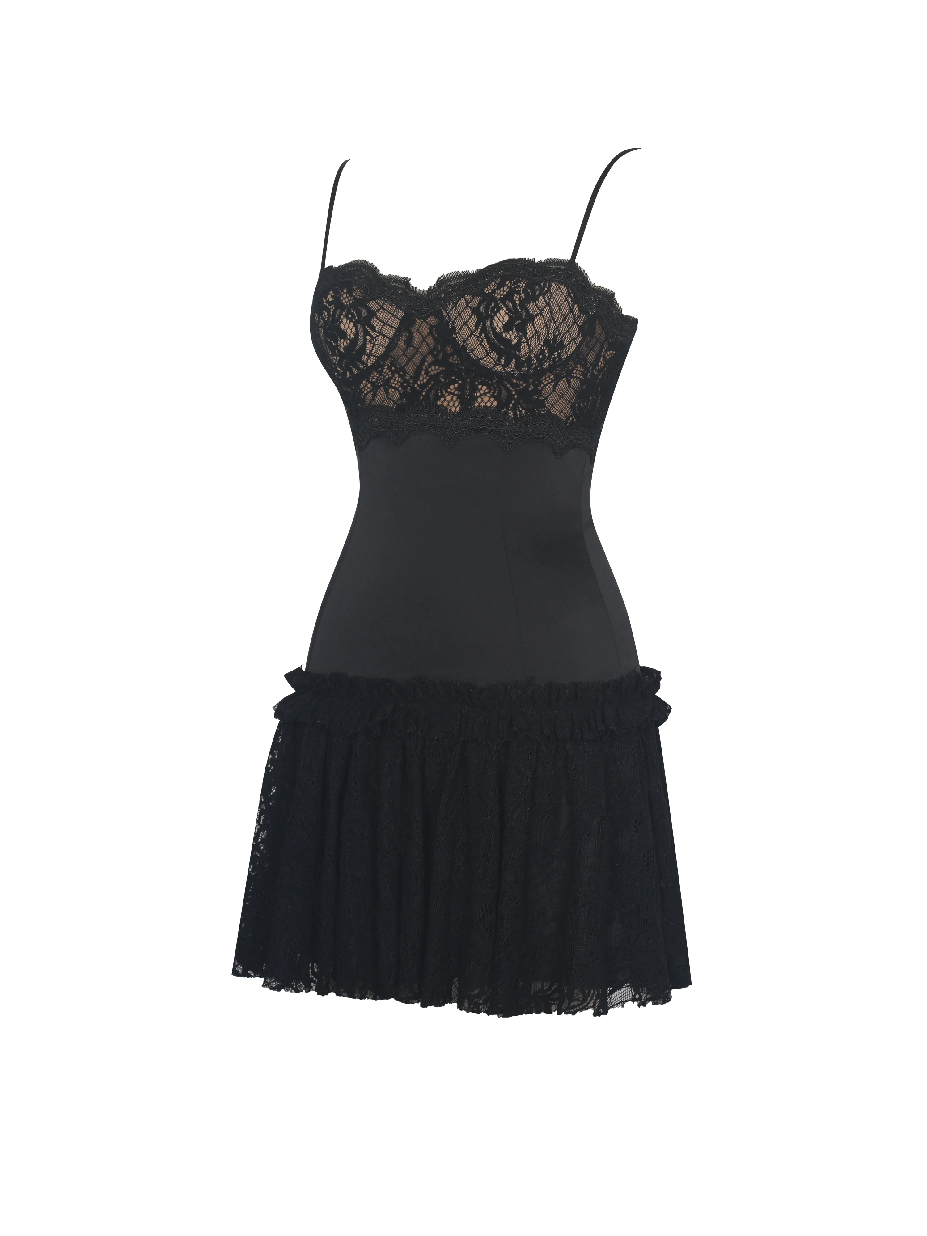 Umra Black Contrast Lace Sweetheart Gathered Mini Dress