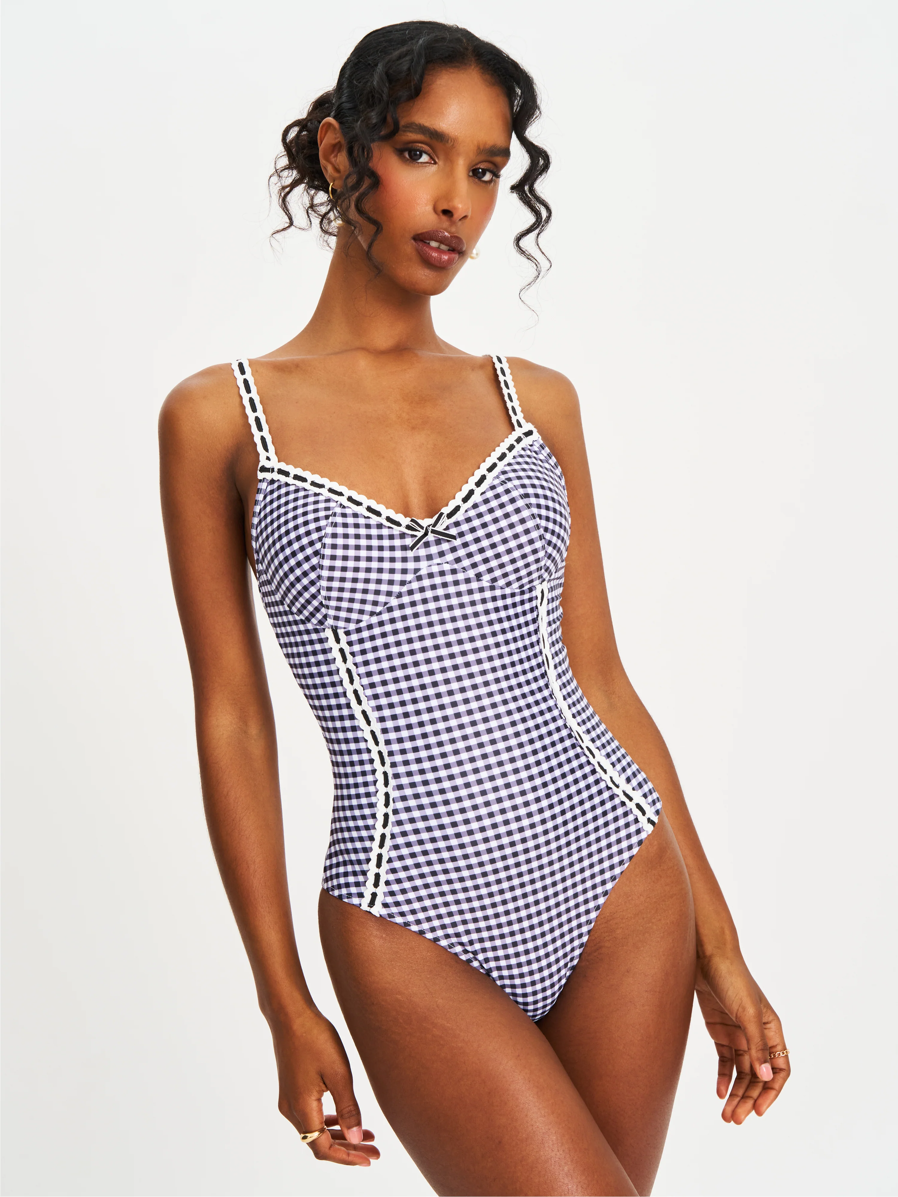 Gigi Black Gingham Lace Strap Backless Swimsuit