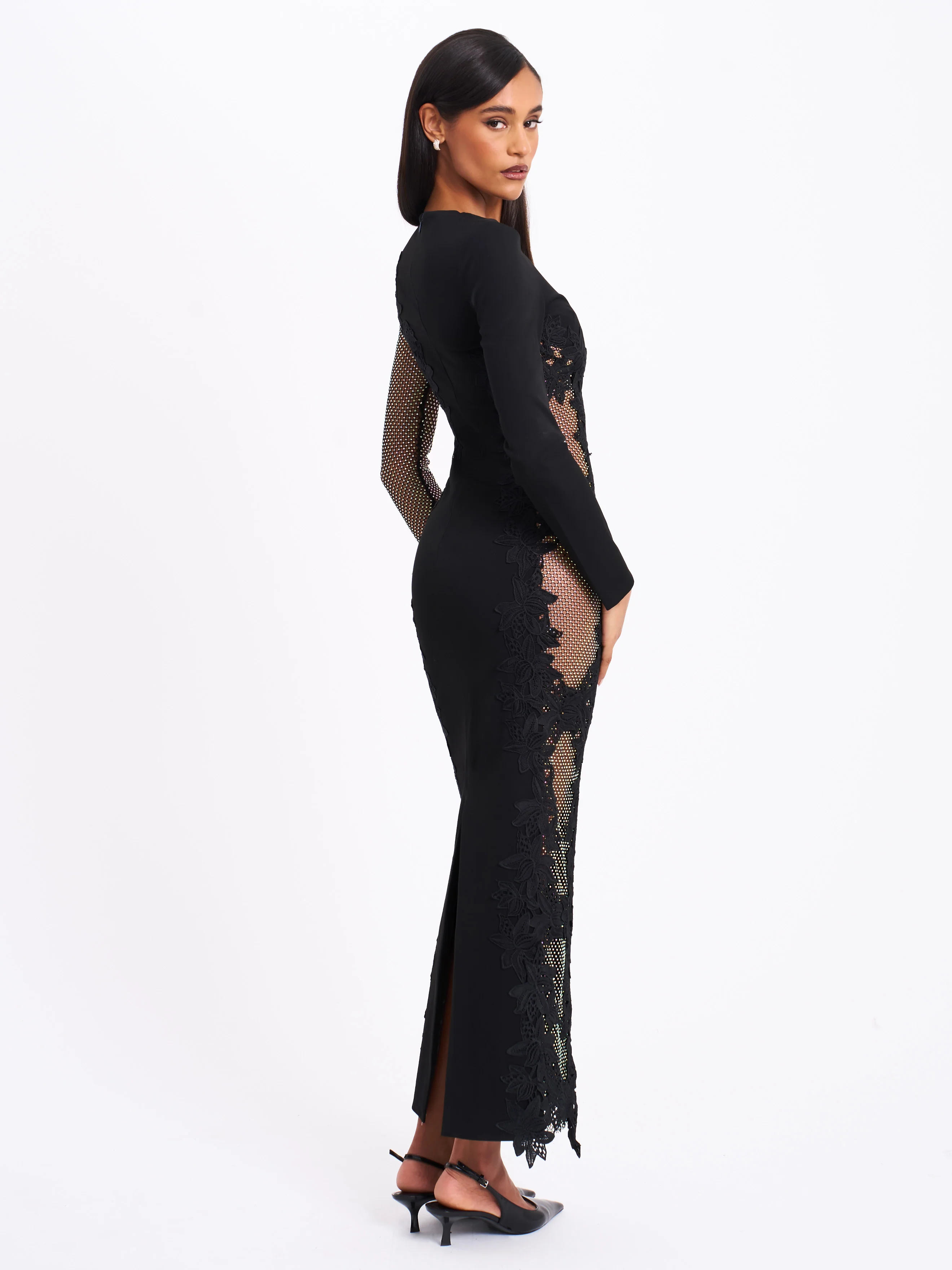 Bailey Lace Trim Crystal Net Cutout Long Sleeve Gown