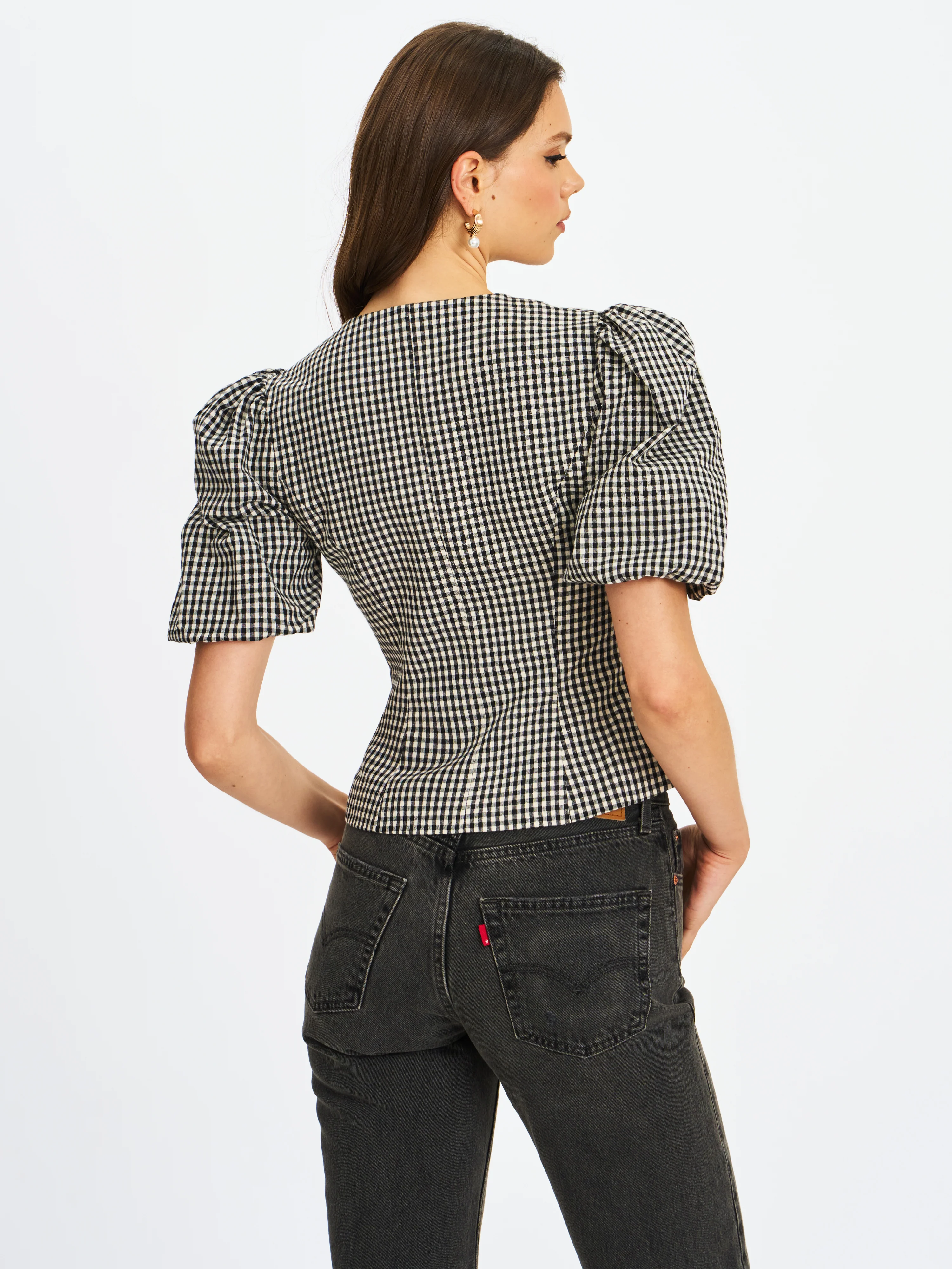 Qusayla Black Gingham Bubble Sleeve Bowtie Top