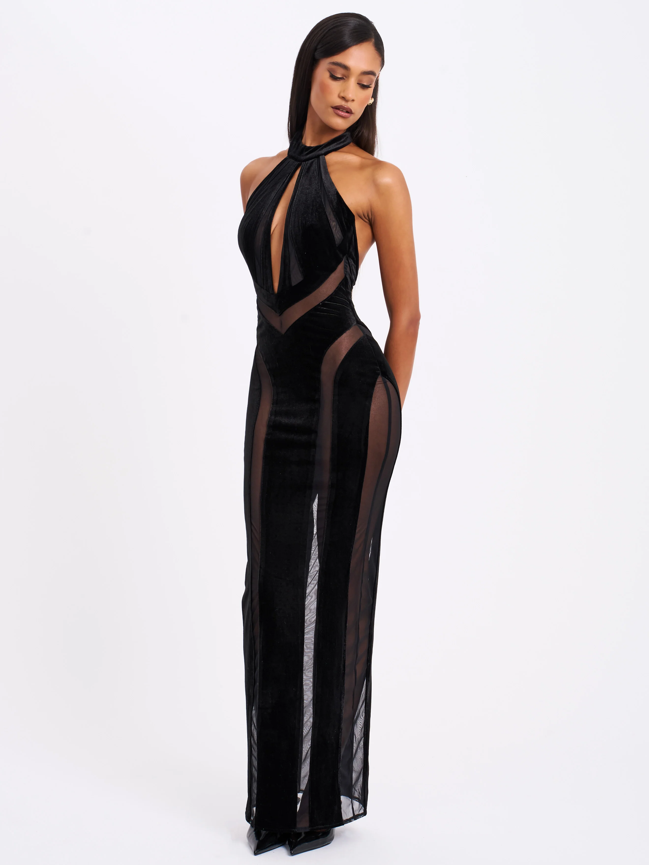 Paityn Black Velvet Mesh Cutout Halter Gown