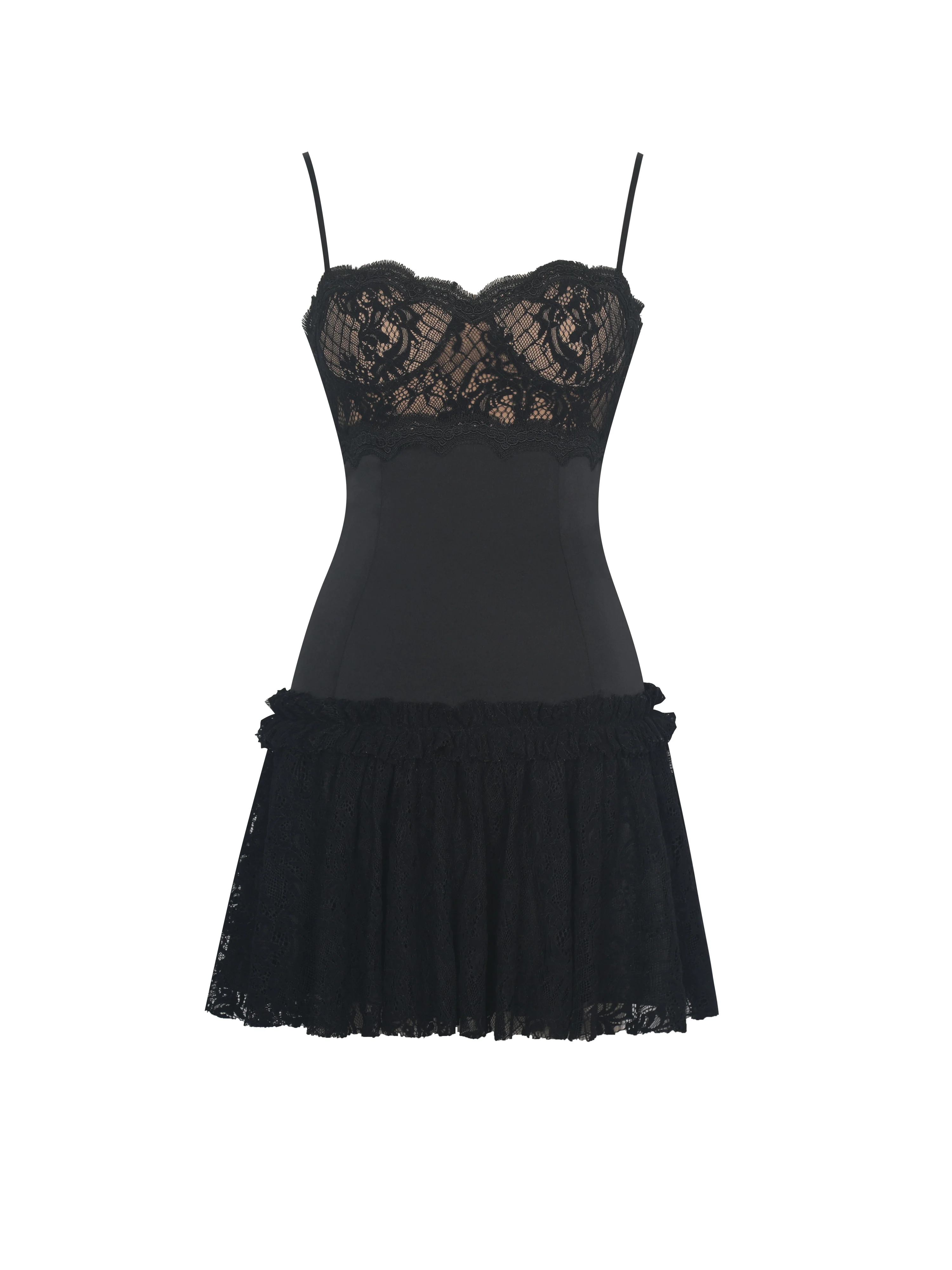 Umra Black Contrast Lace Sweetheart Gathered Mini Dress