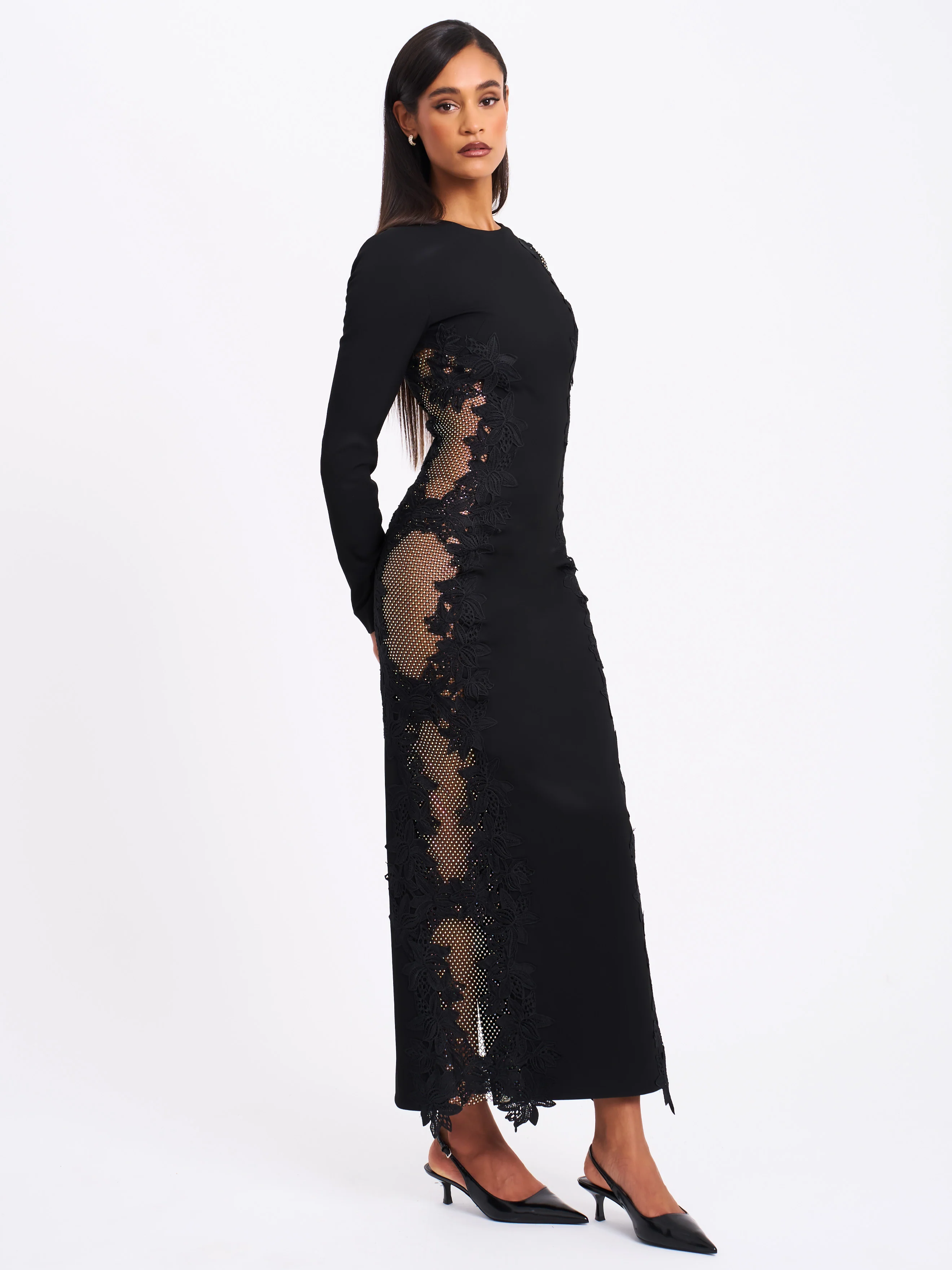 Bailey Lace Trim Crystal Net Cutout Long Sleeve Gown