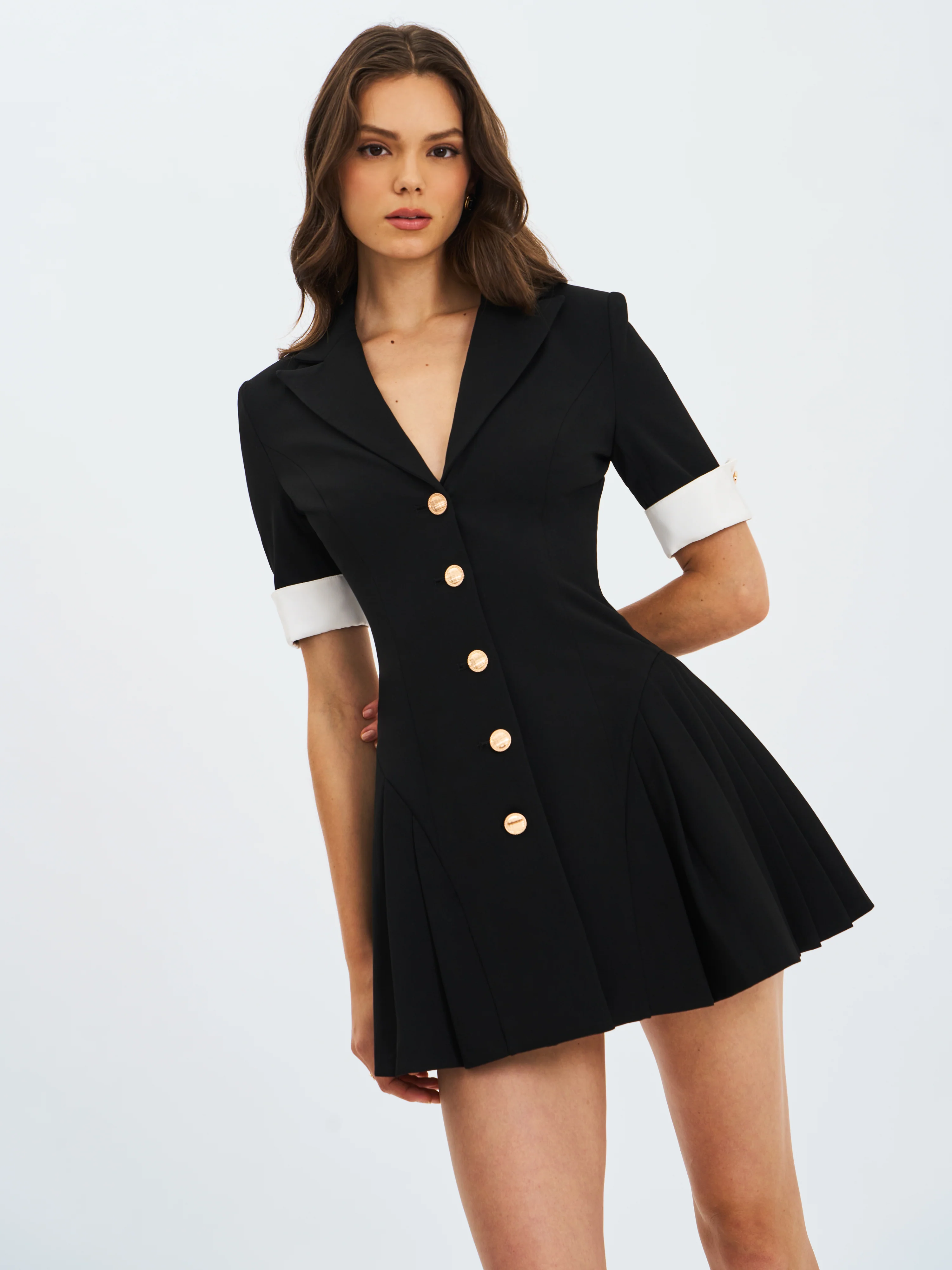 Ilitha Black Woven Crepe Pleated A-Line Mini Dress