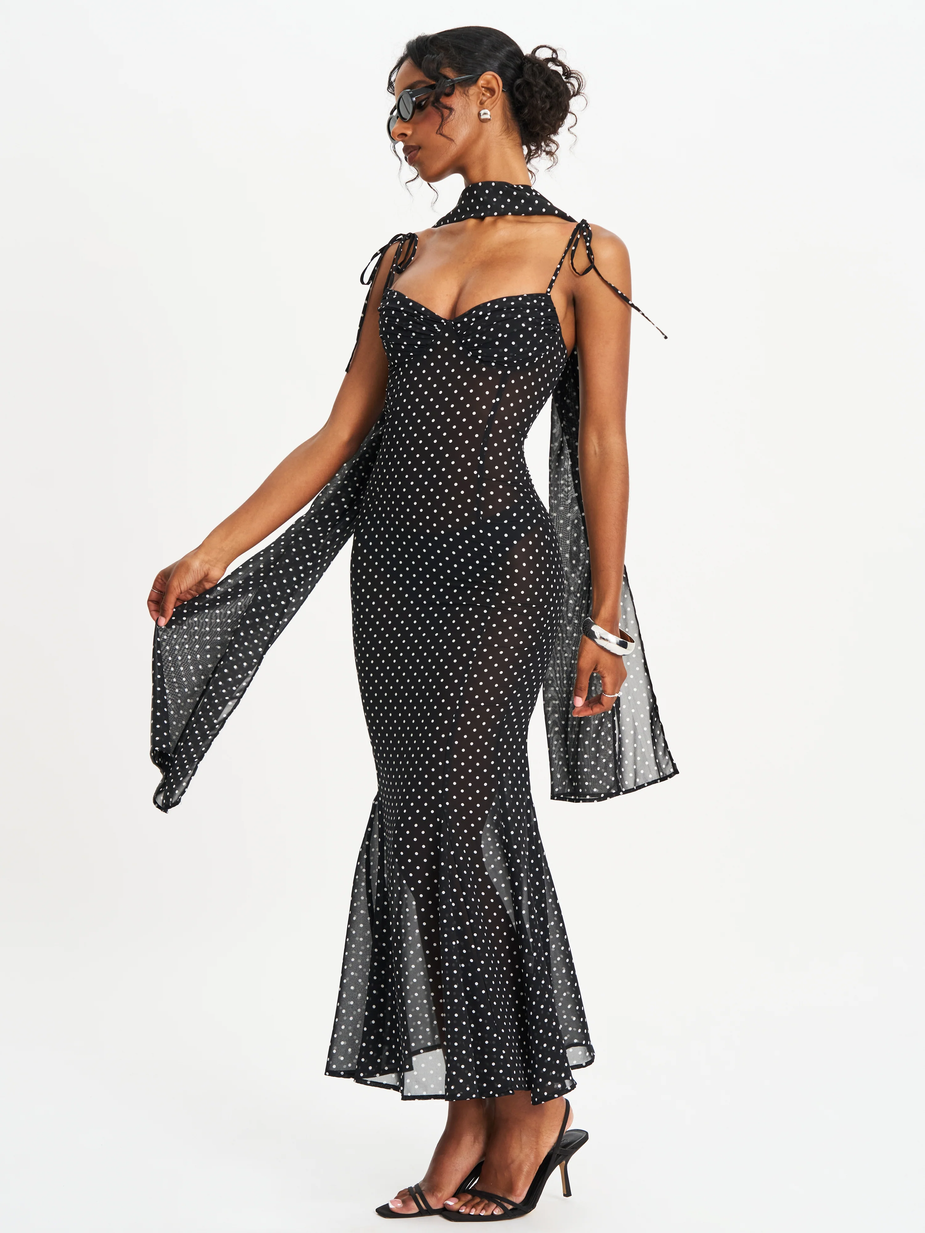 Yadira Black Base Polka Dot Chiffon Maxi Dress