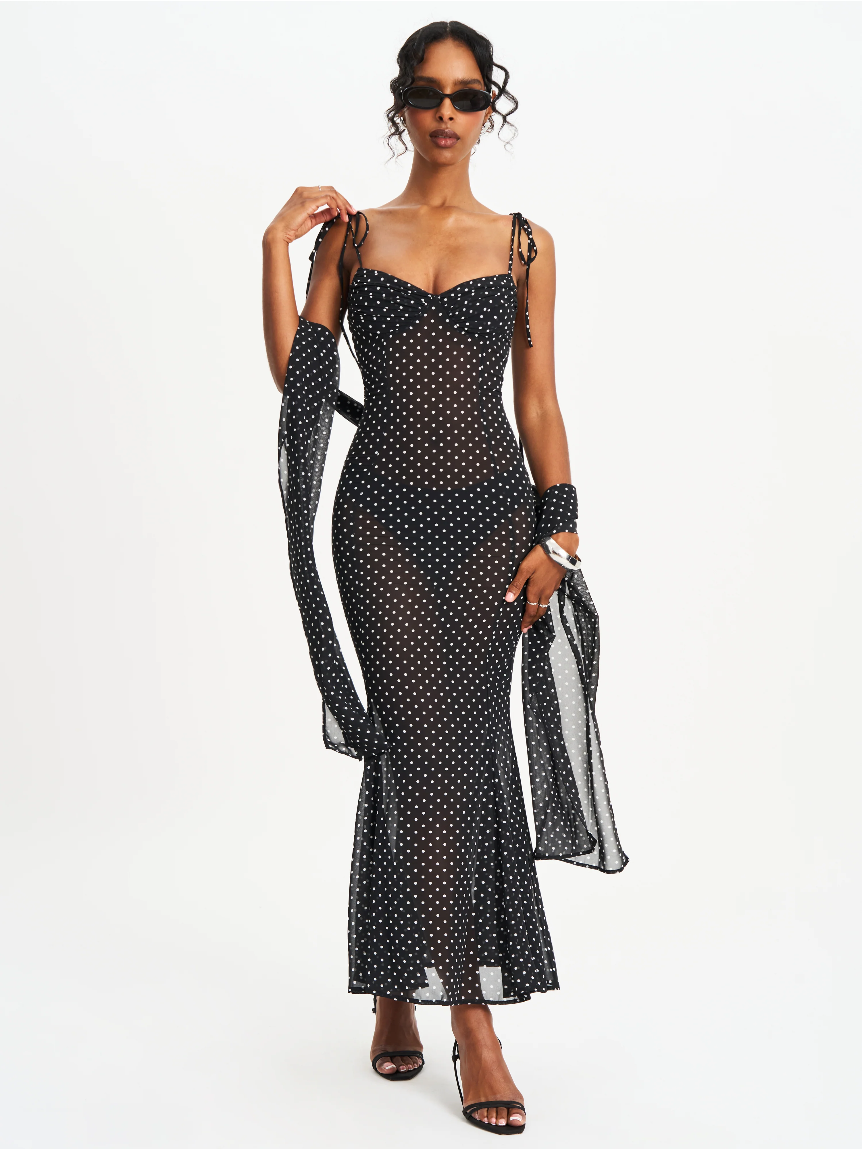 Yadira Black Base Polka Dot Chiffon Maxi Dress