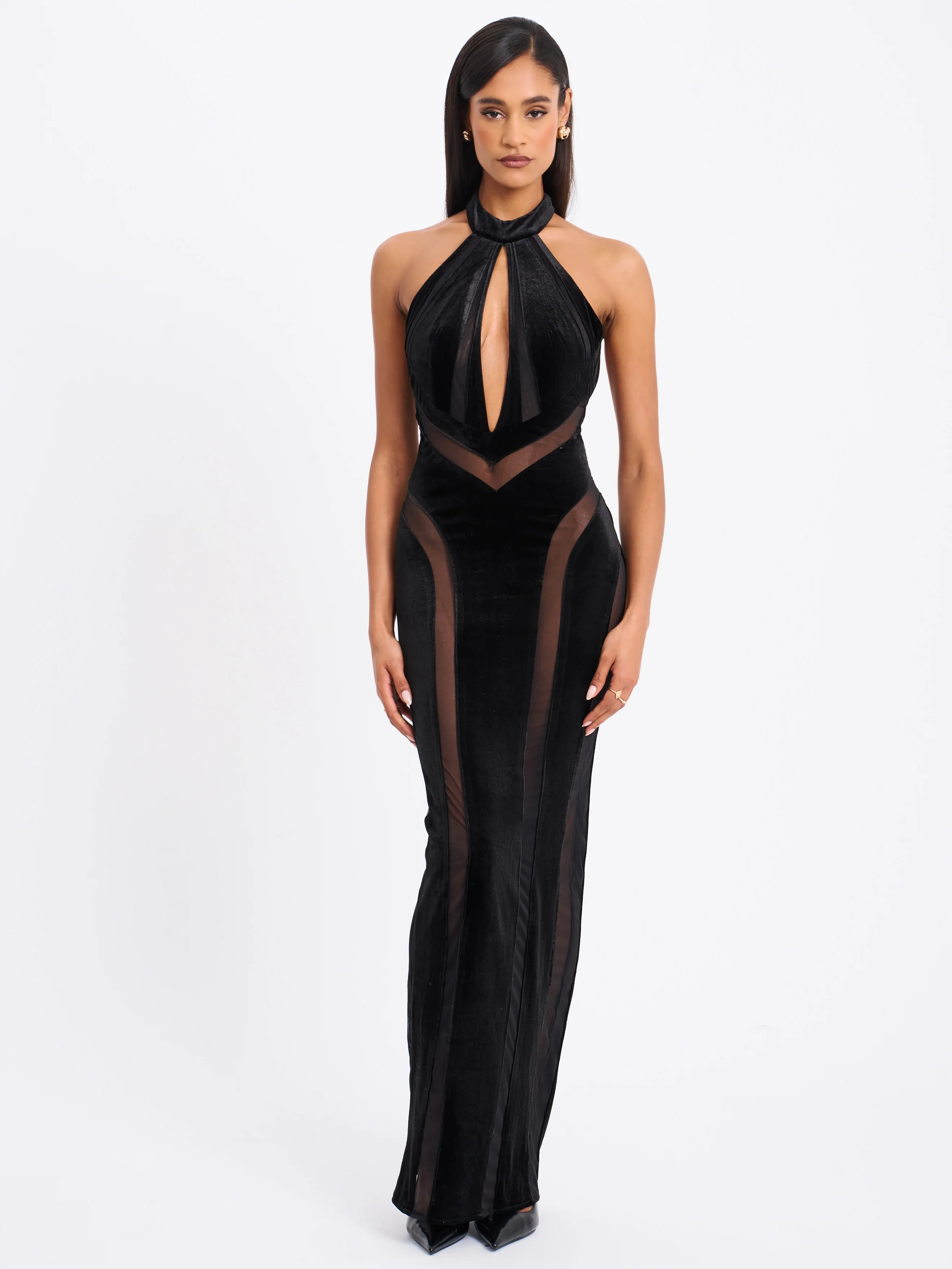 Paityn Black Velvet Mesh Cutout Halter Gown