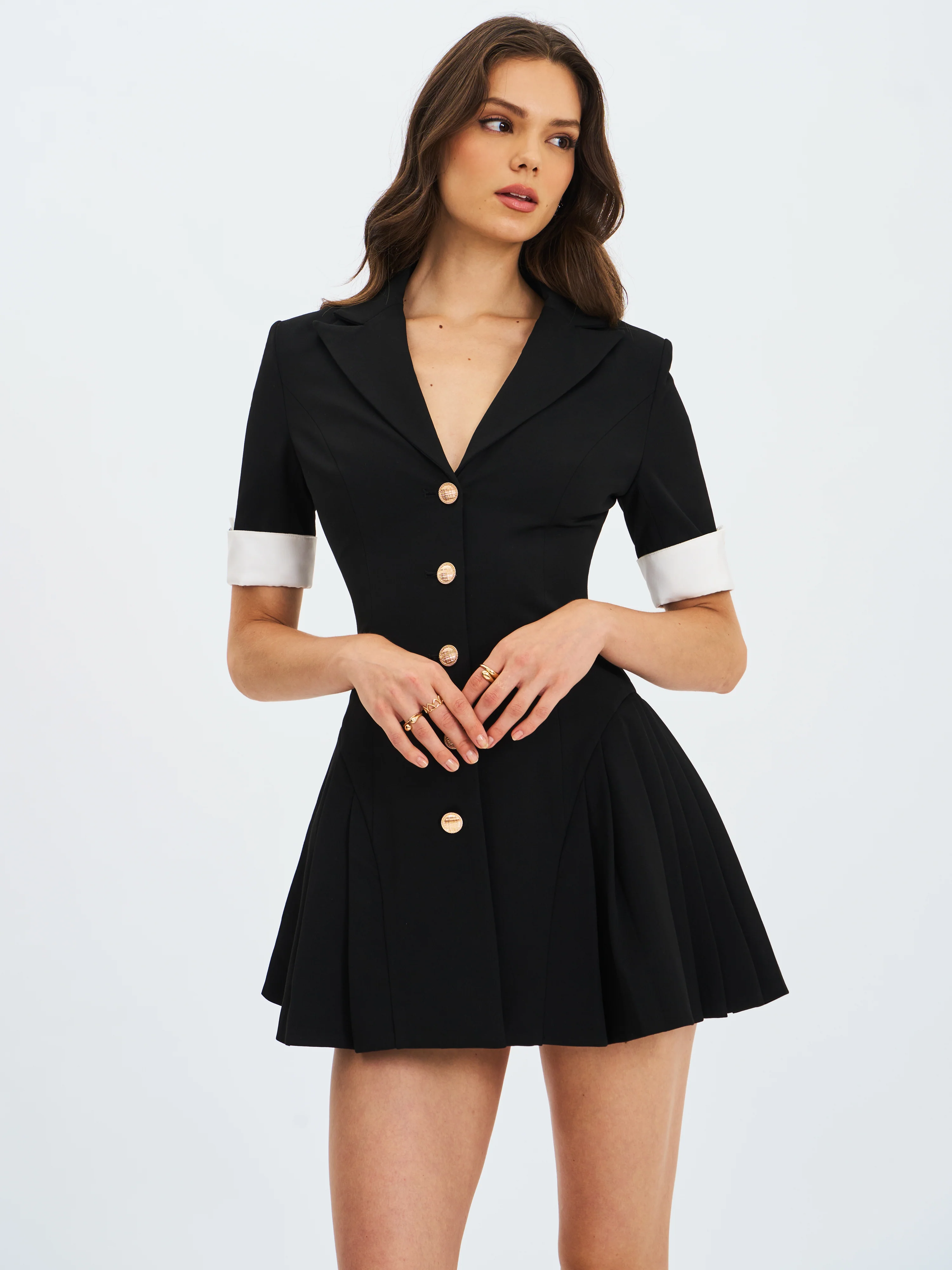 Ilitha Black Woven Crepe Pleated A-Line Mini Dress