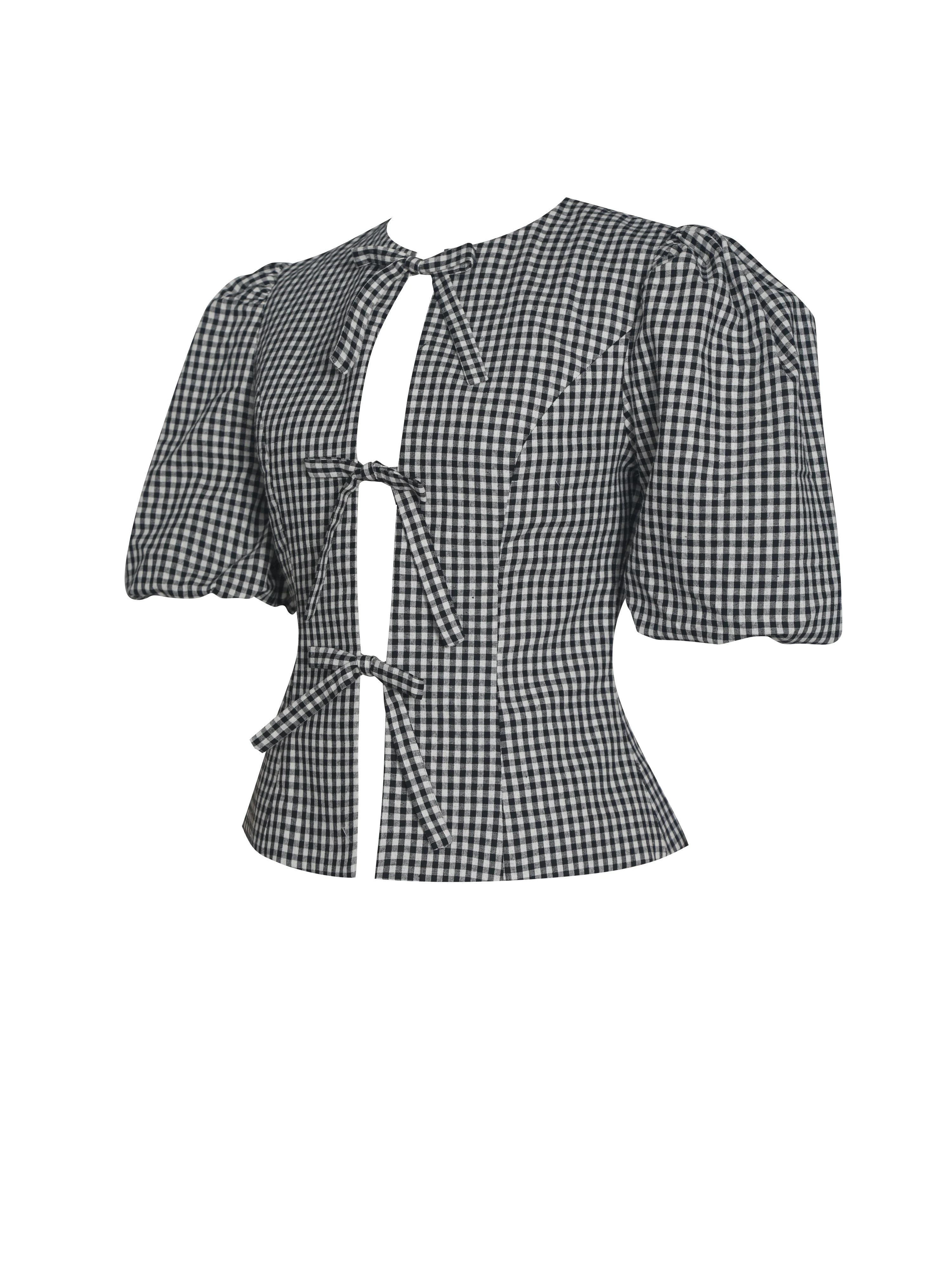 Qusayla Black Gingham Bubble Sleeve Bowtie Top