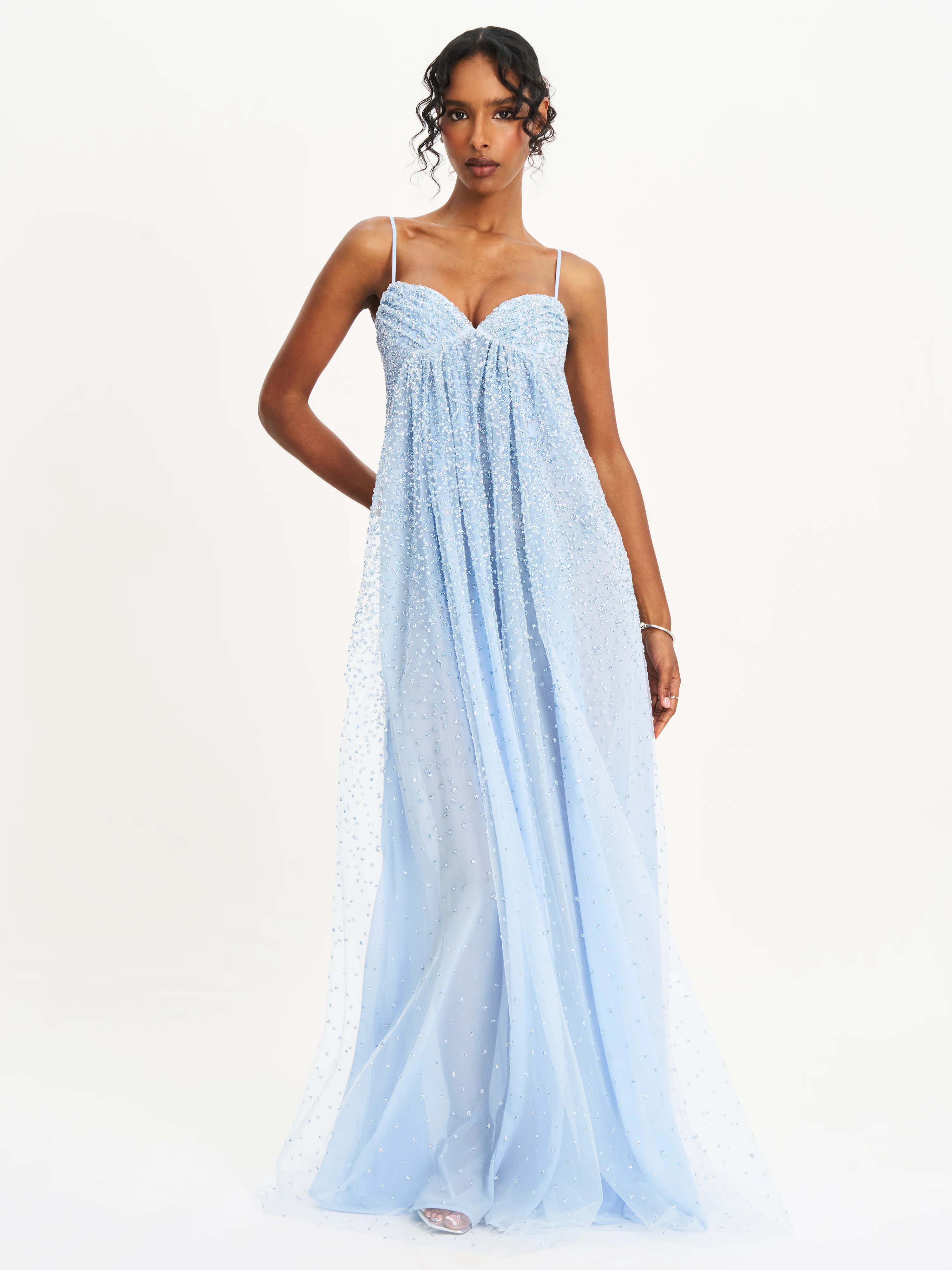Wallie Baby Blue Rhinestone Embellished Mesh Backless Gown
