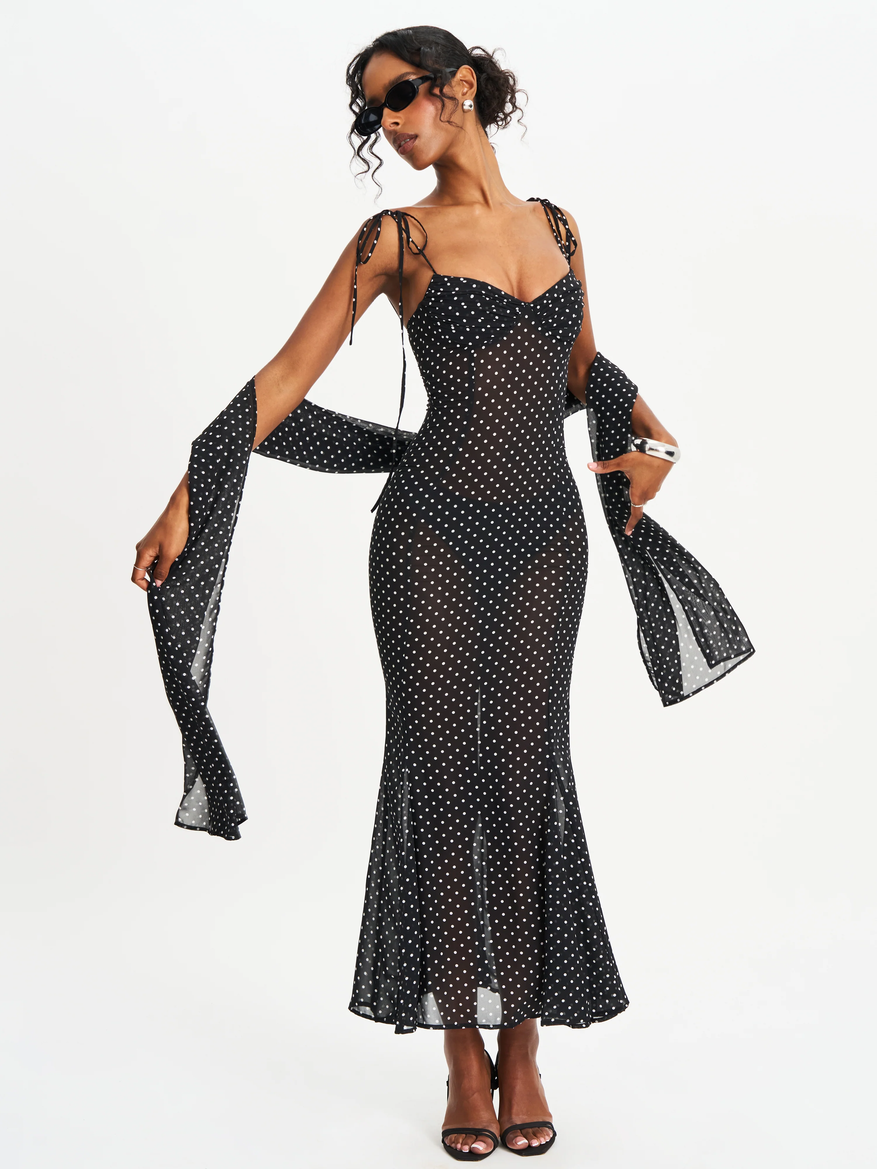 Yadira Black Base Polka Dot Chiffon Maxi Dress