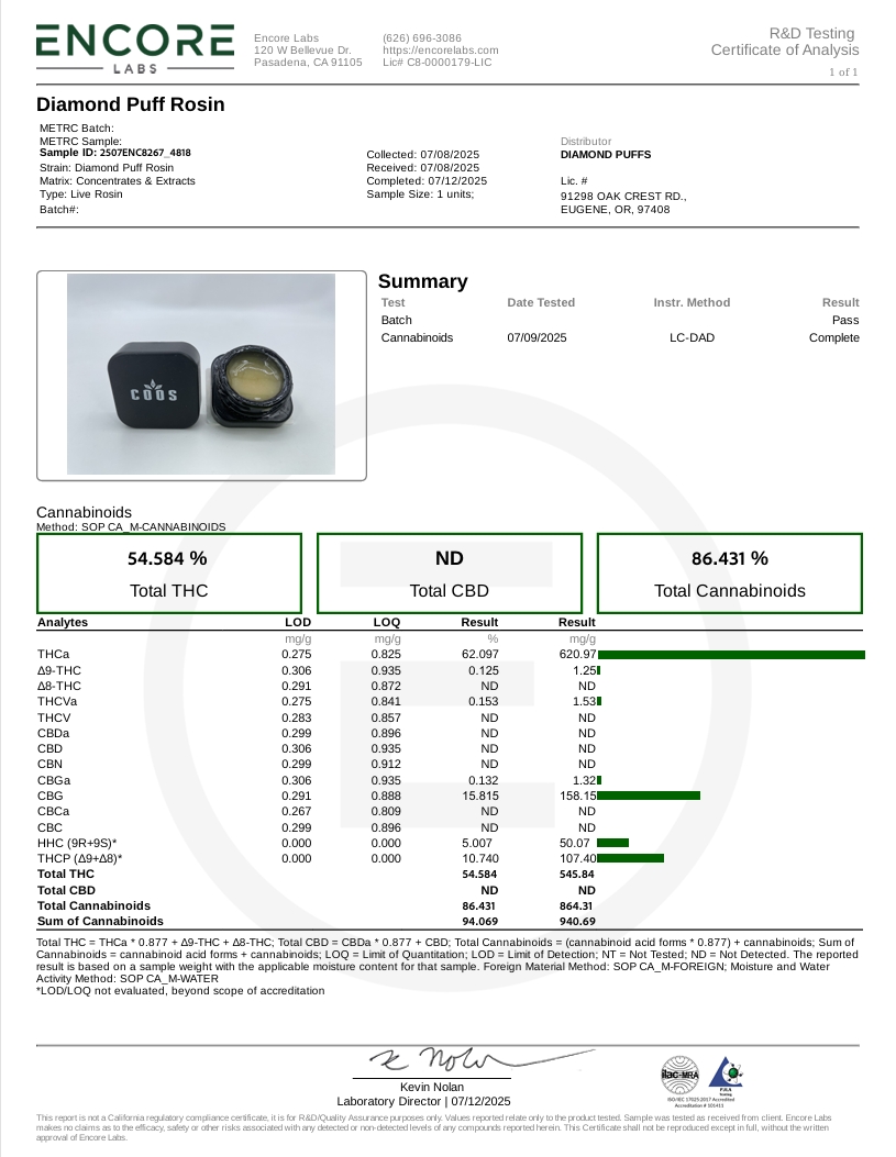 Ultra Potency Solvent-less Cold Cured Live Rosin  - 3000MG -Northern Light-Indica