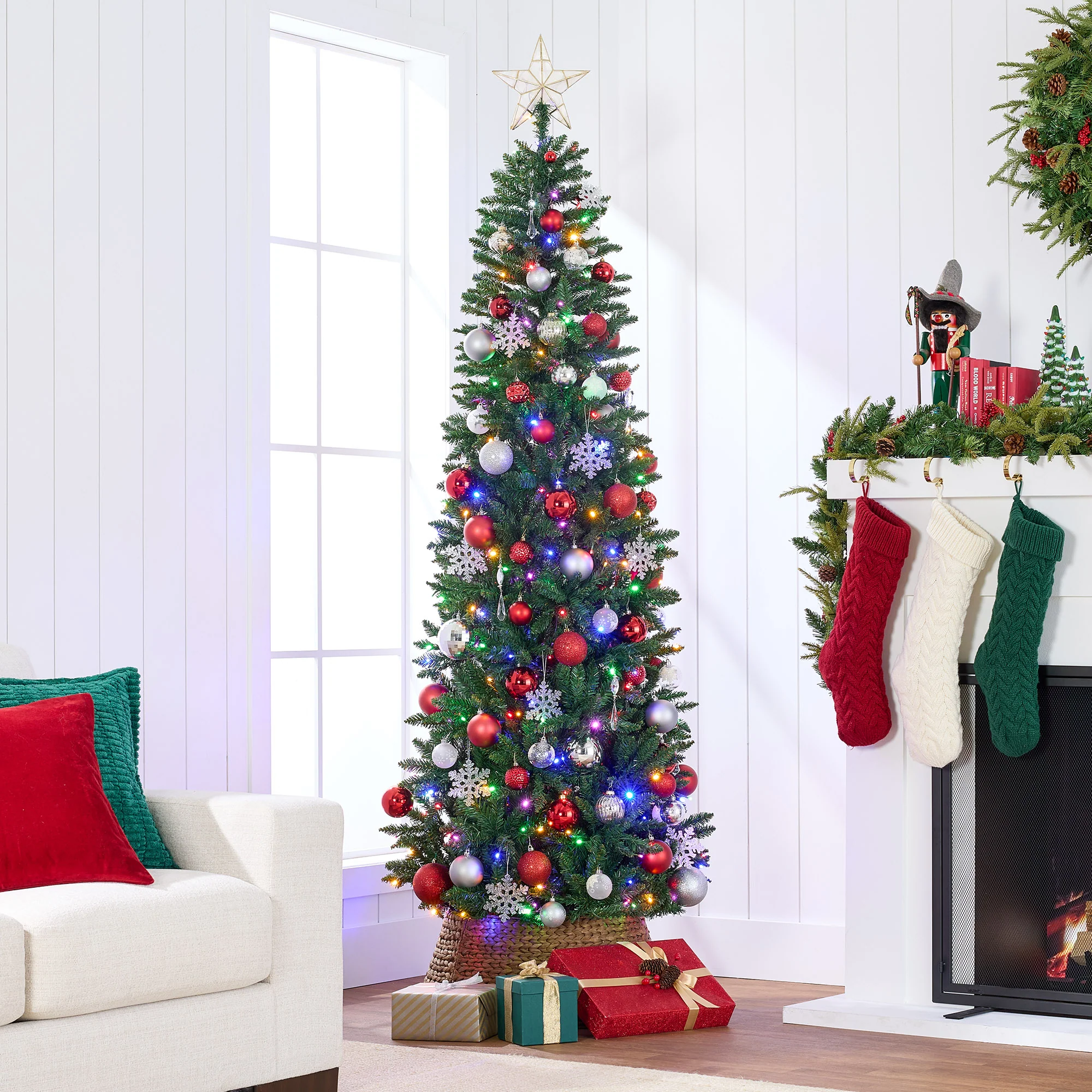 Prelit Spruce Pencil Christmas Tree w/ 2-In-1 LED Lights