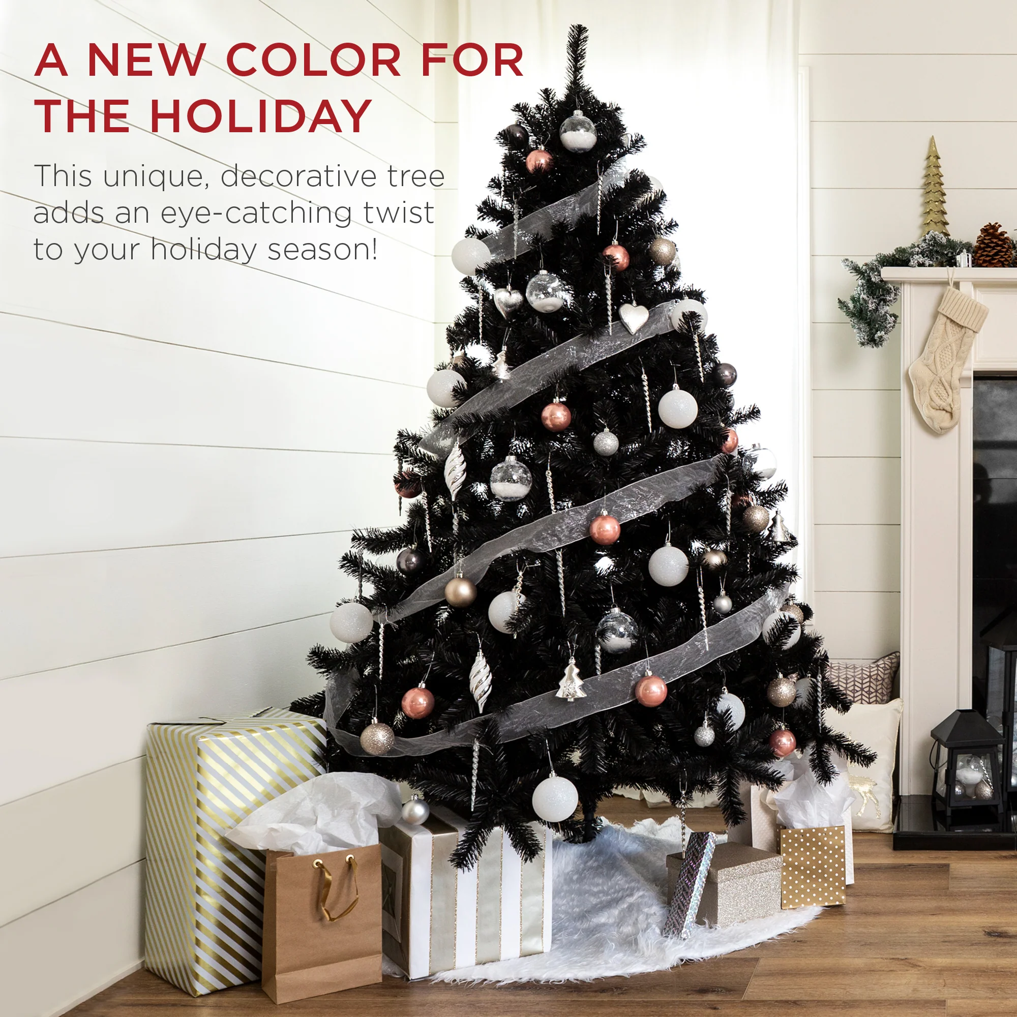 Artificial Black Christmas Tree w/ Easy Assembly, Foldable Metal Stand