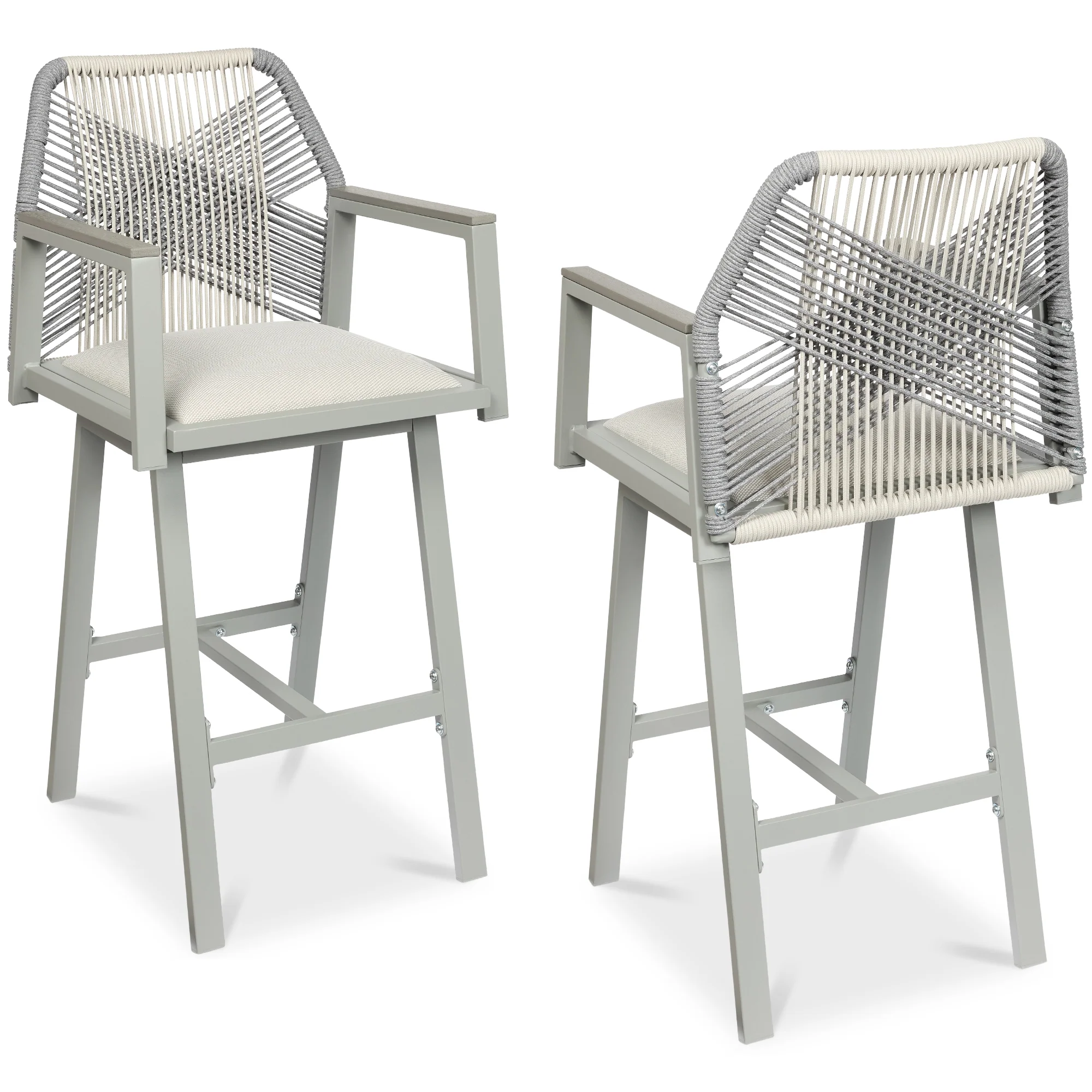 Set of 2 Indoor/Outdoor Aluminum Swivel Barstools with Arms All-Weather Rope