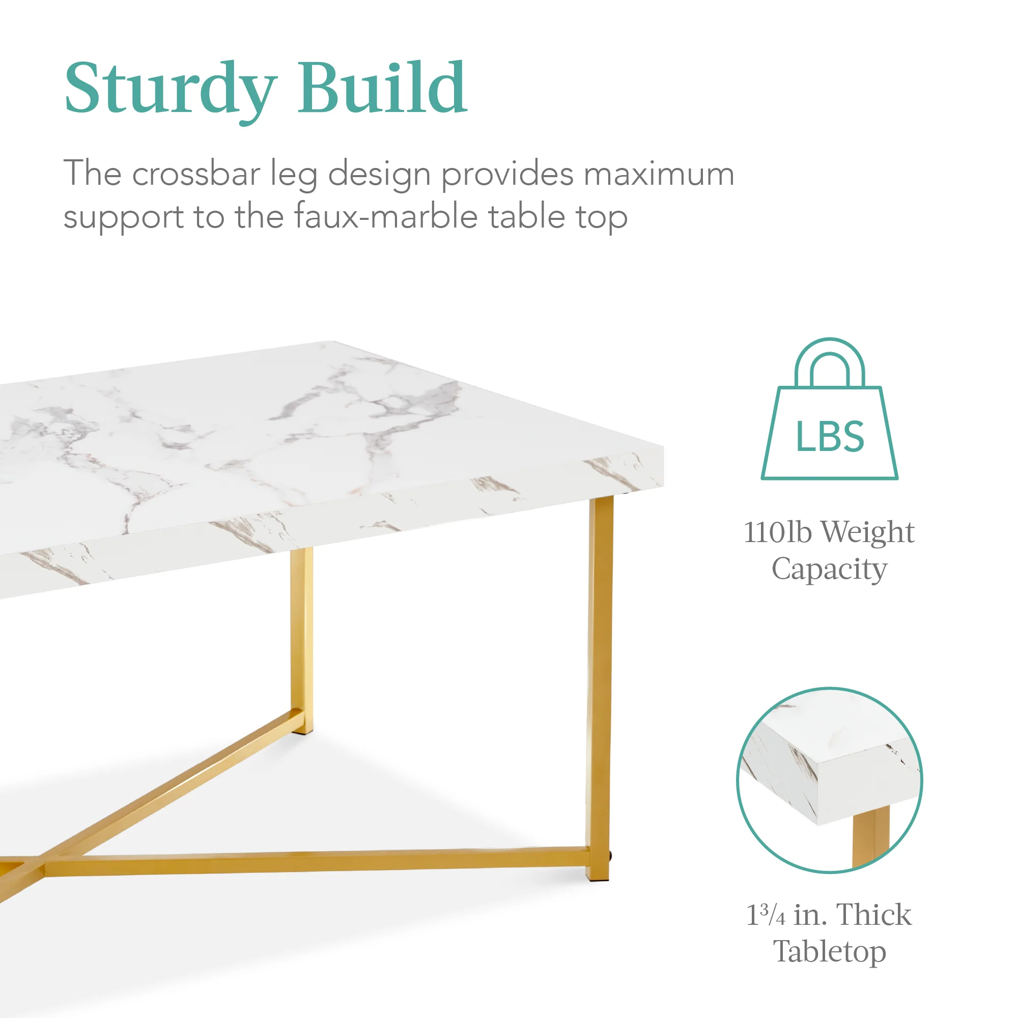 Rectangular Coffee Table w/ X-Base, Faux Marble Top, Non-Scratch Feet - 44in