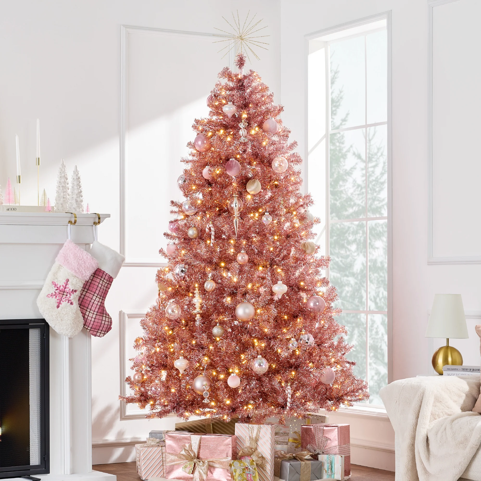 Prelit Pink Artificial Tinsel Christmas Tree w/ Foldable Stand