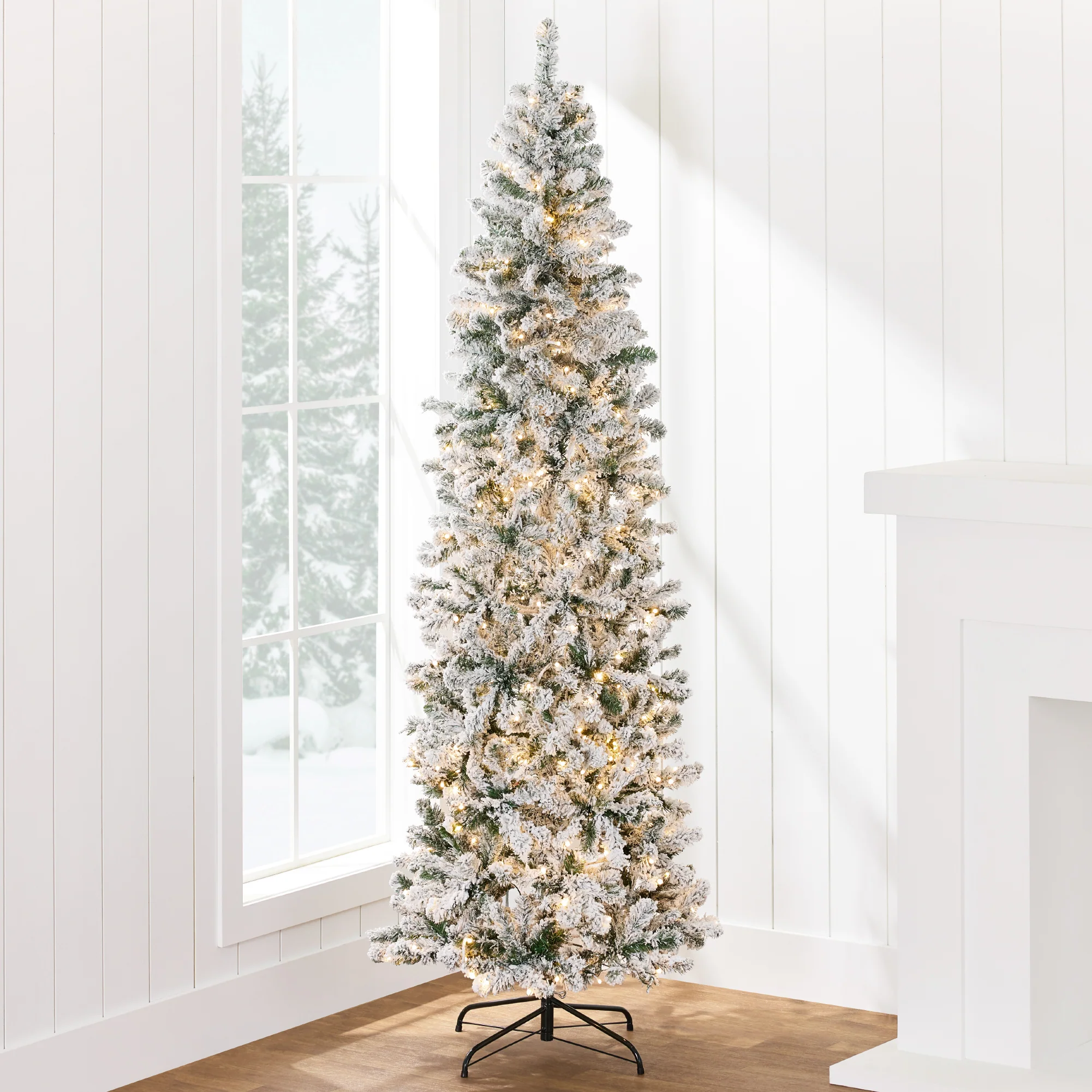 Pre-Lit Snow Flocked Artificial Pencil Christmas Tree