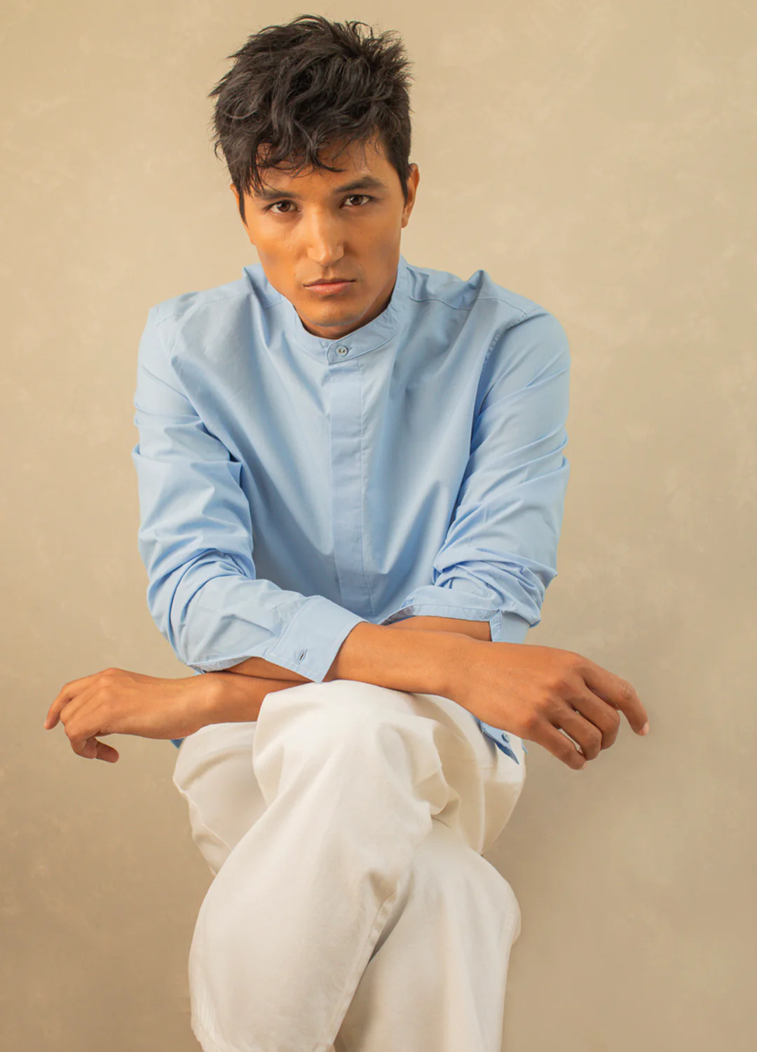 Contrast Detail Mandarin Shirt